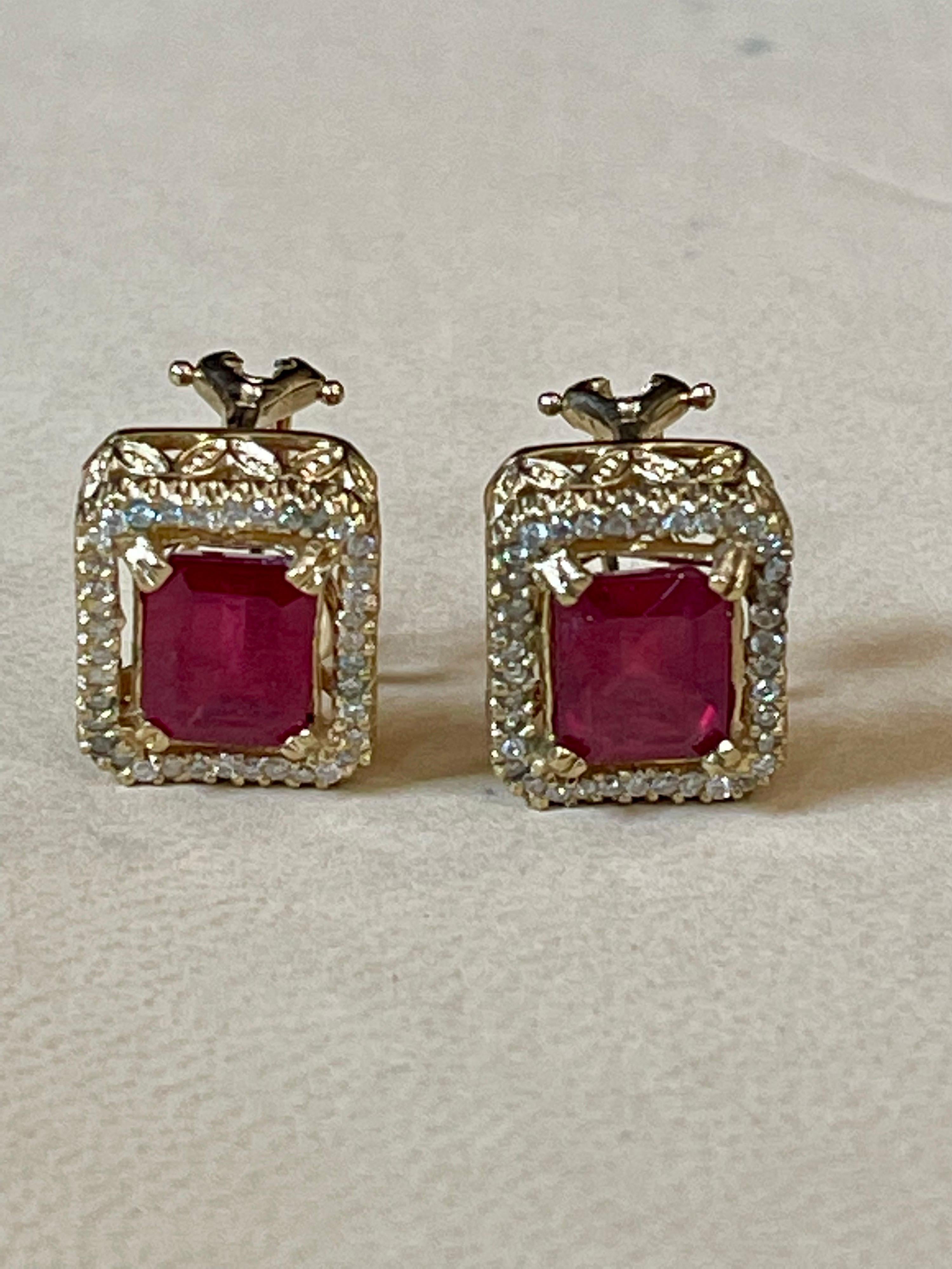 6 Carat Emerald Cut Treated Ruby & .7 Ct Diamond Stud Earrings 14 Kt Yellow Gold 6