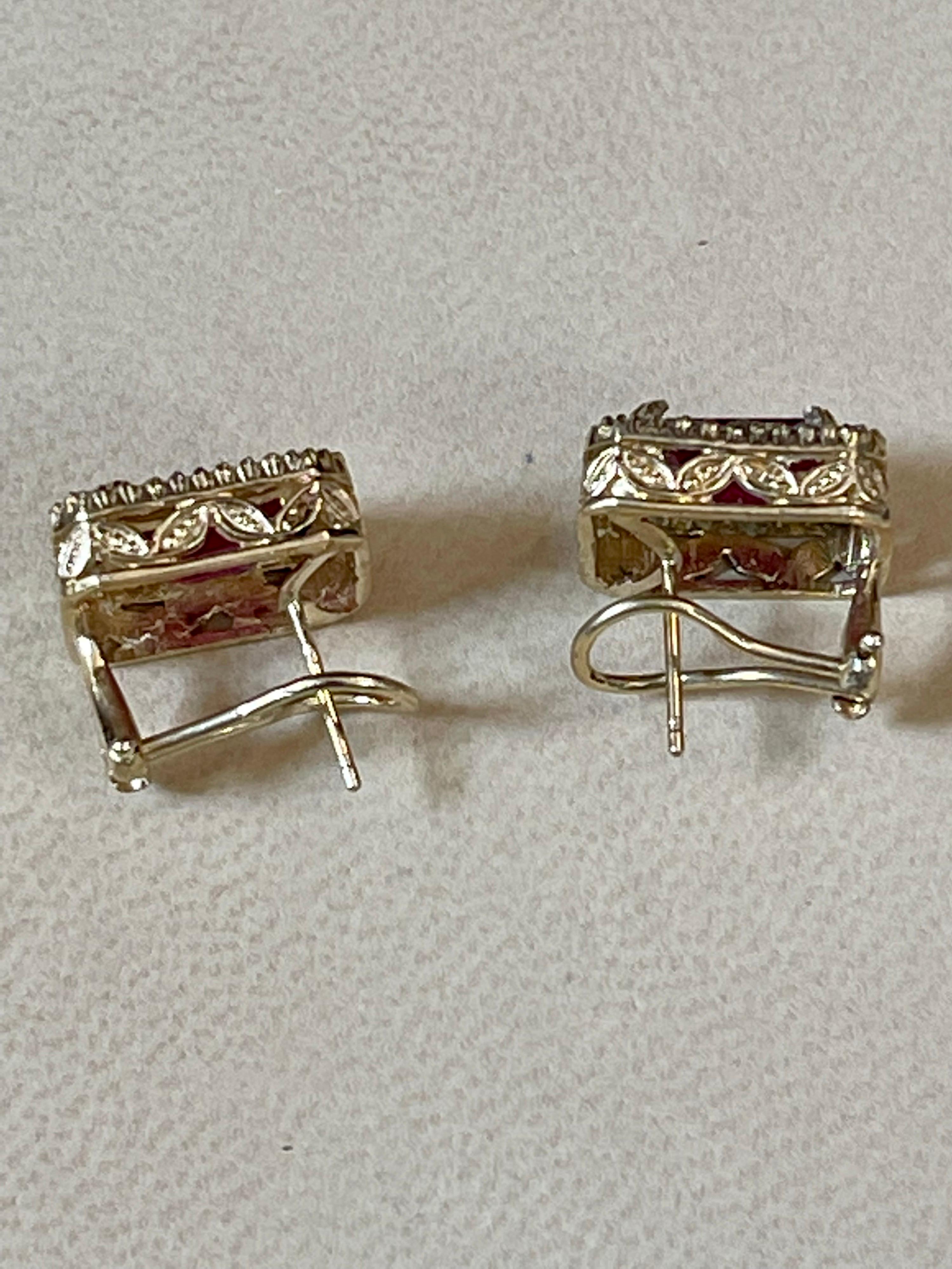 6 Carat Emerald Cut Treated Ruby & .7 Ct Diamond Stud Earrings 14 Kt Yellow Gold In Excellent Condition In New York, NY