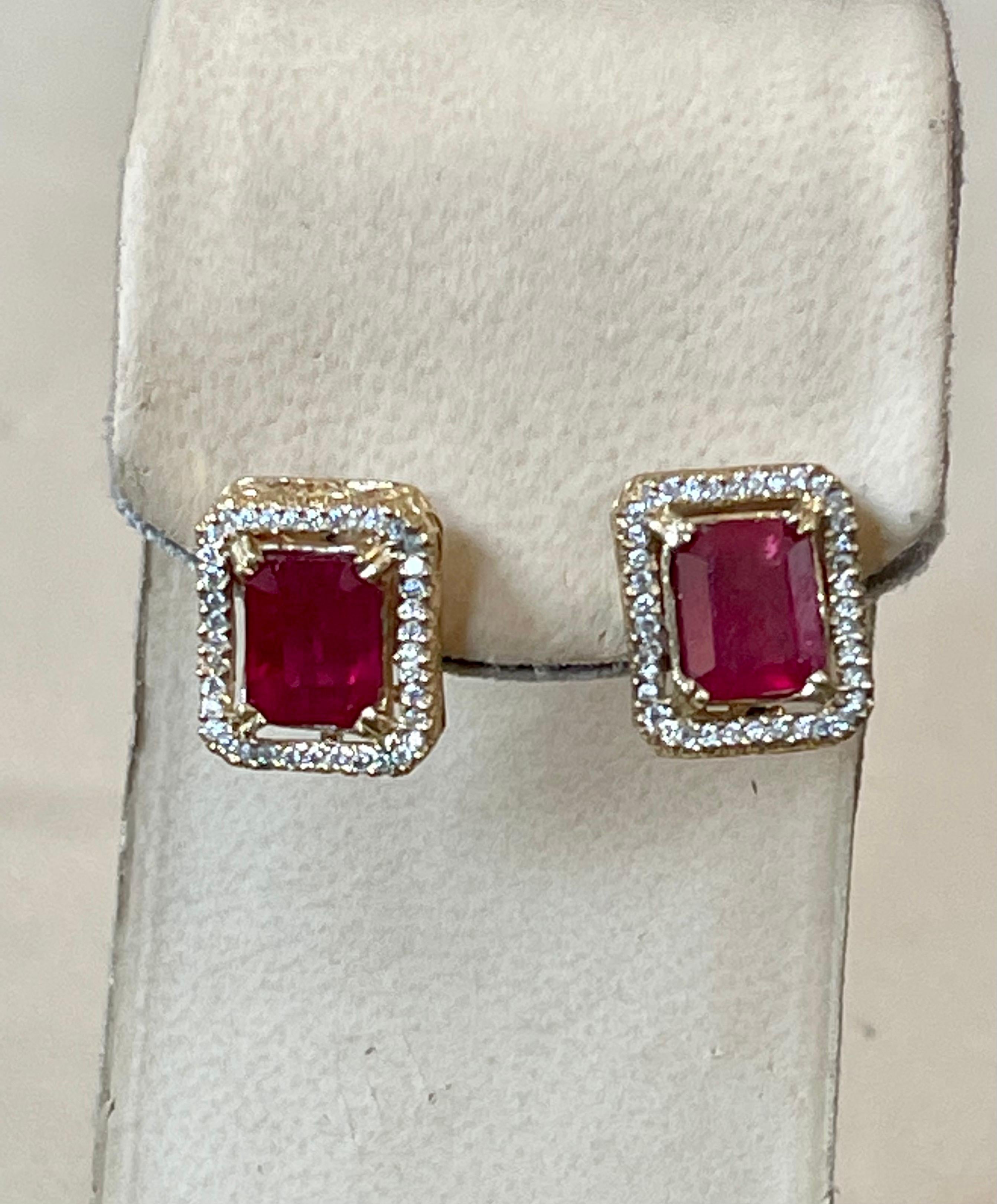 Women's 6 Carat Emerald Cut Treated Ruby & .7 Ct Diamond Stud Earrings 14 Kt Yellow Gold