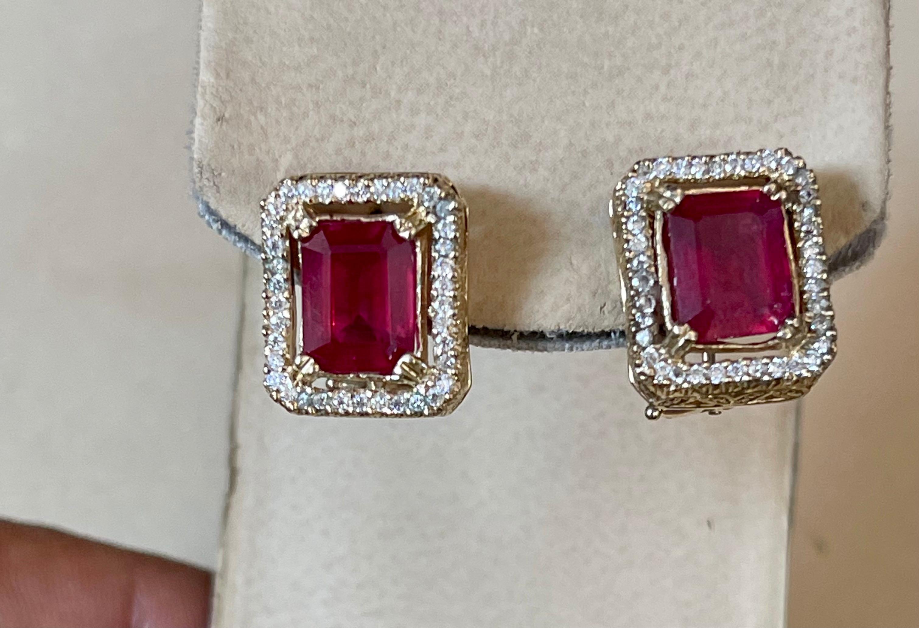 6 Carat Emerald Cut Treated Ruby & .7 Ct Diamond Stud Earrings 14 Kt Yellow Gold 1