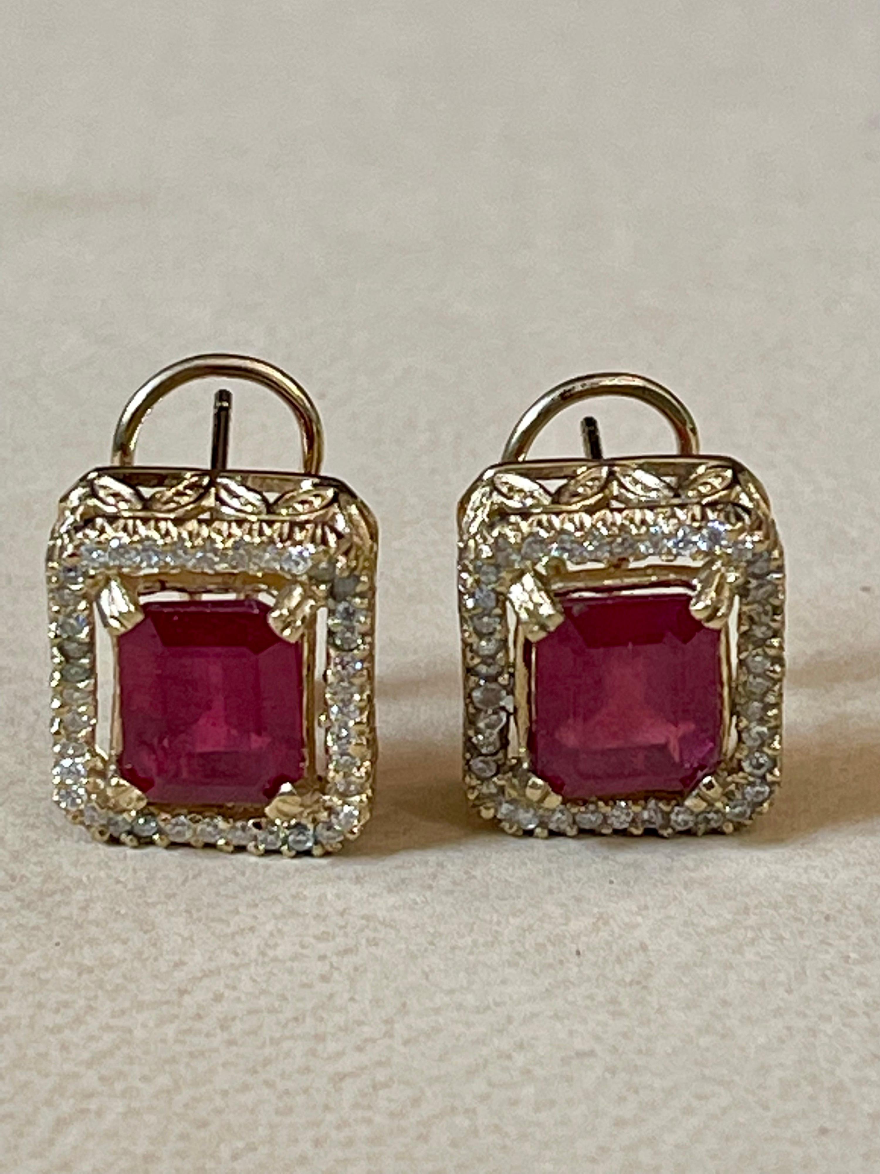 6 Carat Emerald Cut Treated Ruby & .7 Ct Diamond Stud Earrings 14 Kt Yellow Gold 2