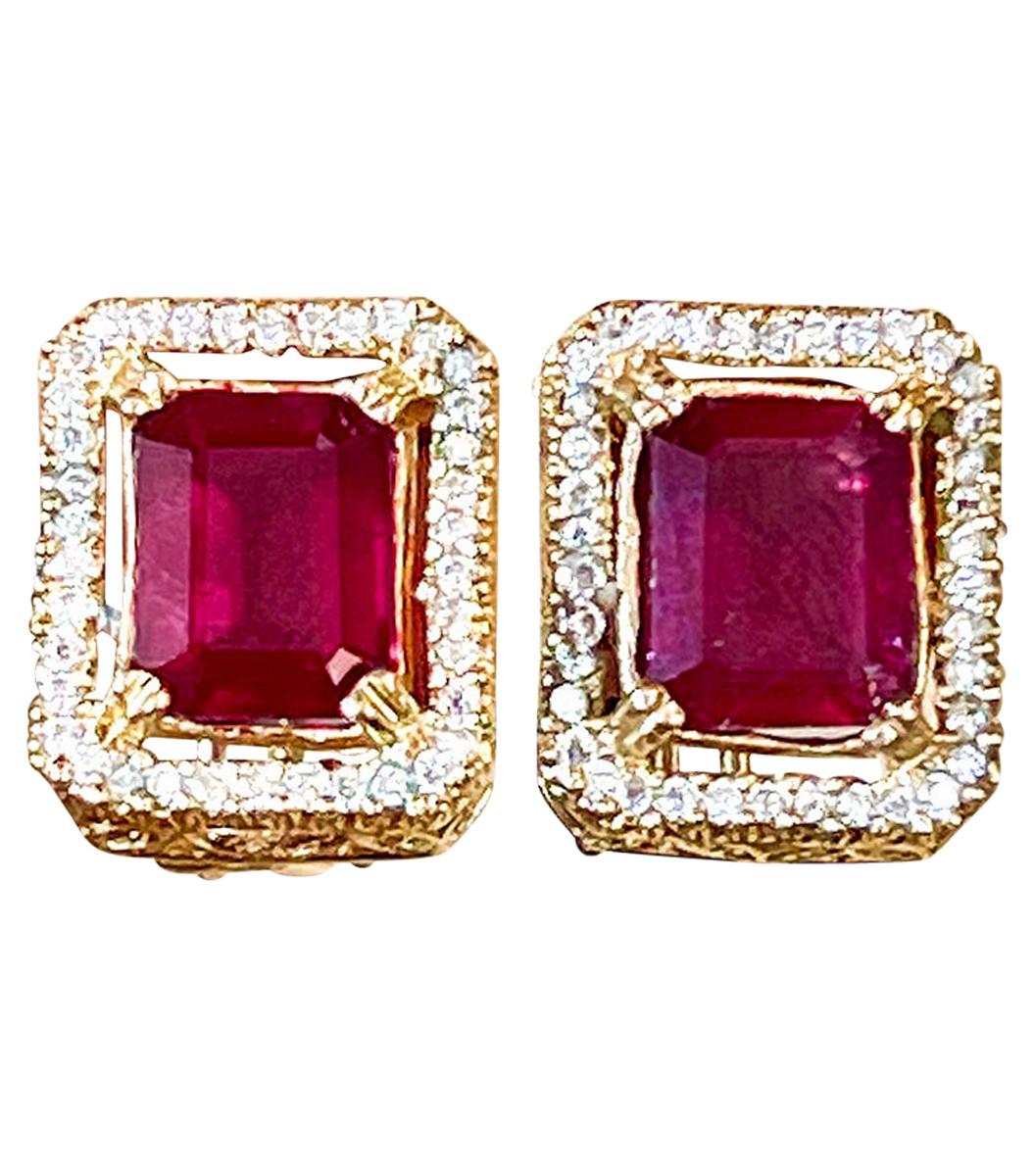 6 Carat Emerald Cut Treated Ruby & .7 Ct Diamond Stud Earrings 14 Kt Yellow Gold