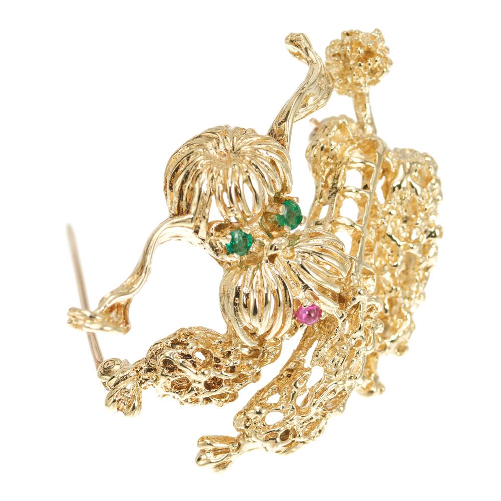 Round Cut .6 Carat Emerald Ruby Yellow Gold Poodle Brooch For Sale
