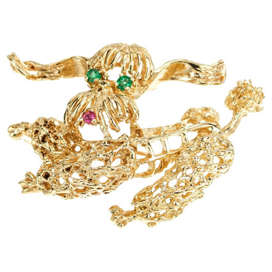.6 Carat Emerald Ruby Yellow Gold Poodle Brooch For Sale