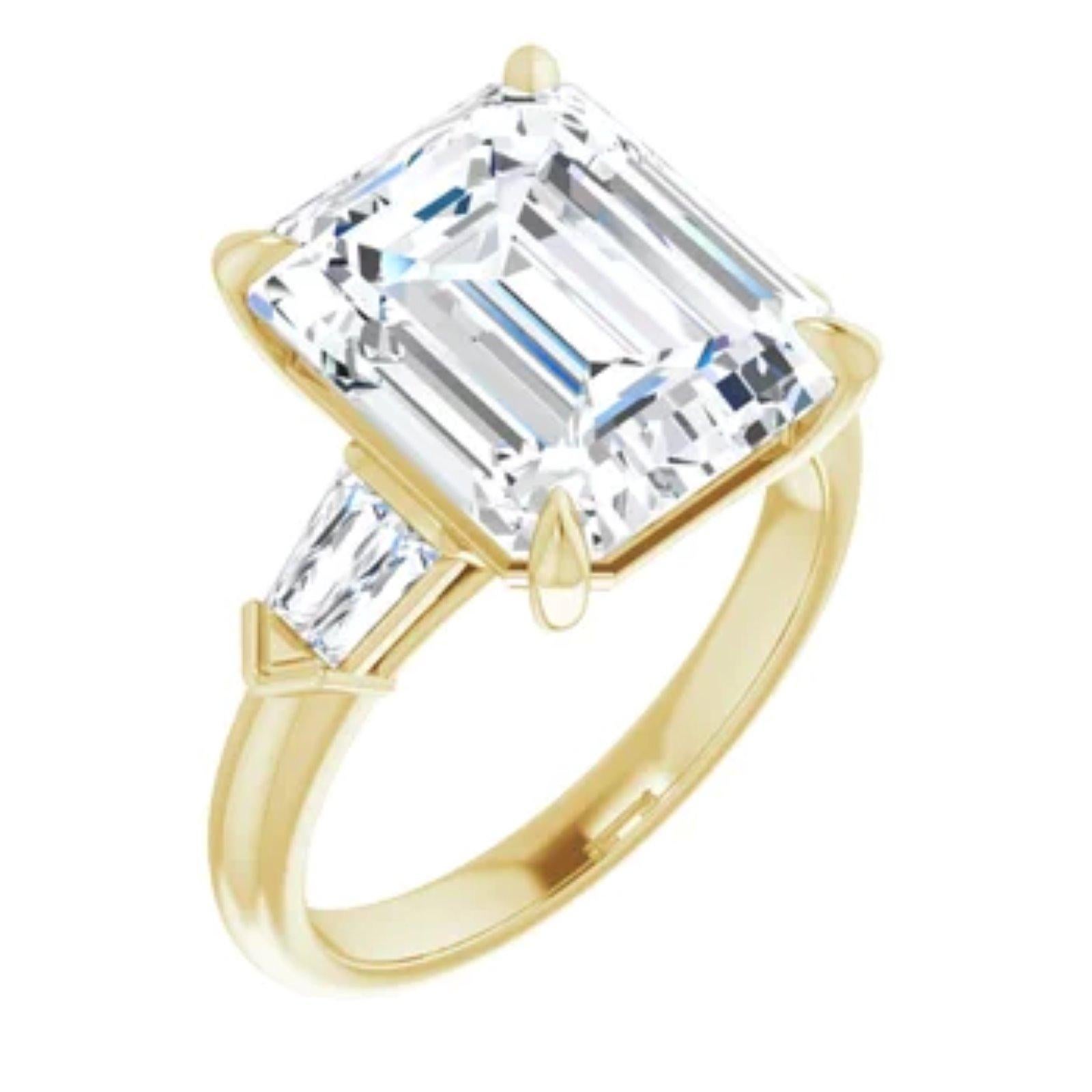 Erin gems & jewelry is delighted to bring you a magnificent emerald cut diamond made in 18k yellow gold. 

Entirely custom made to order, the diamond will be chosen by you the client. 12x10mm (6ct) you can choose the diamond colour and clarity