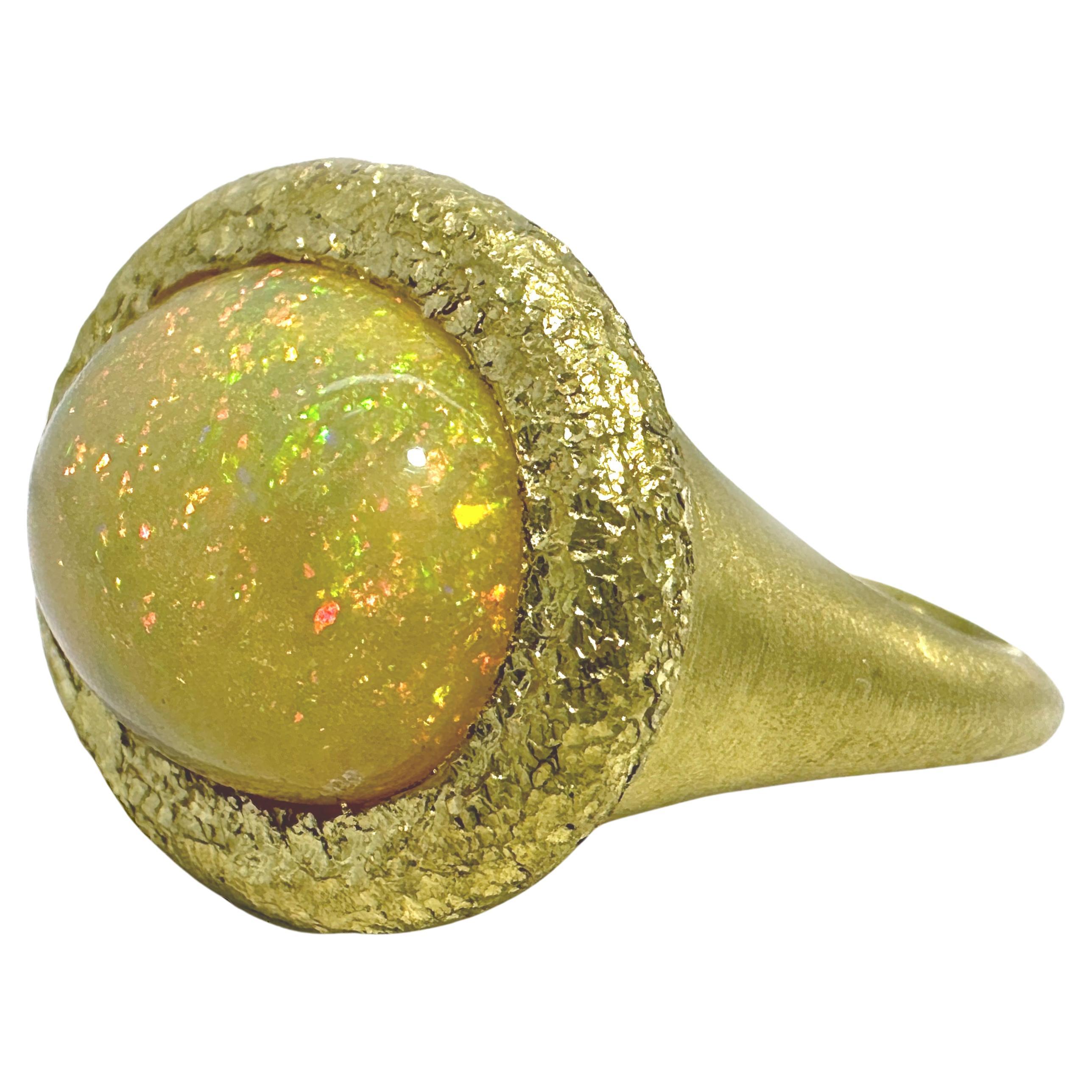 6 Carat Ethiopian Opal Solitaire Ring in "Crunchy" 18 Karat Gold Bezel Ring For Sale