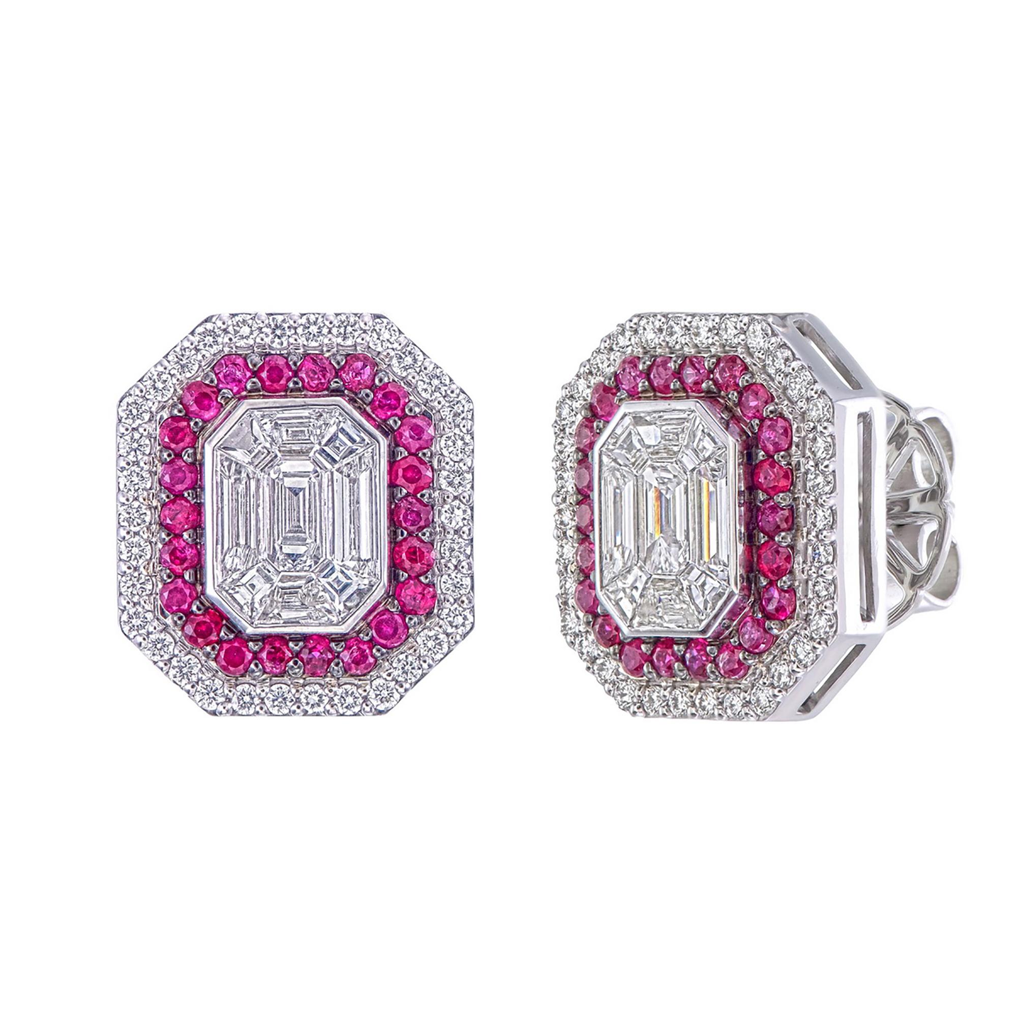 6 carat face up pai Invisible set diamonds with a double halo of ruby & diamonds For Sale 1