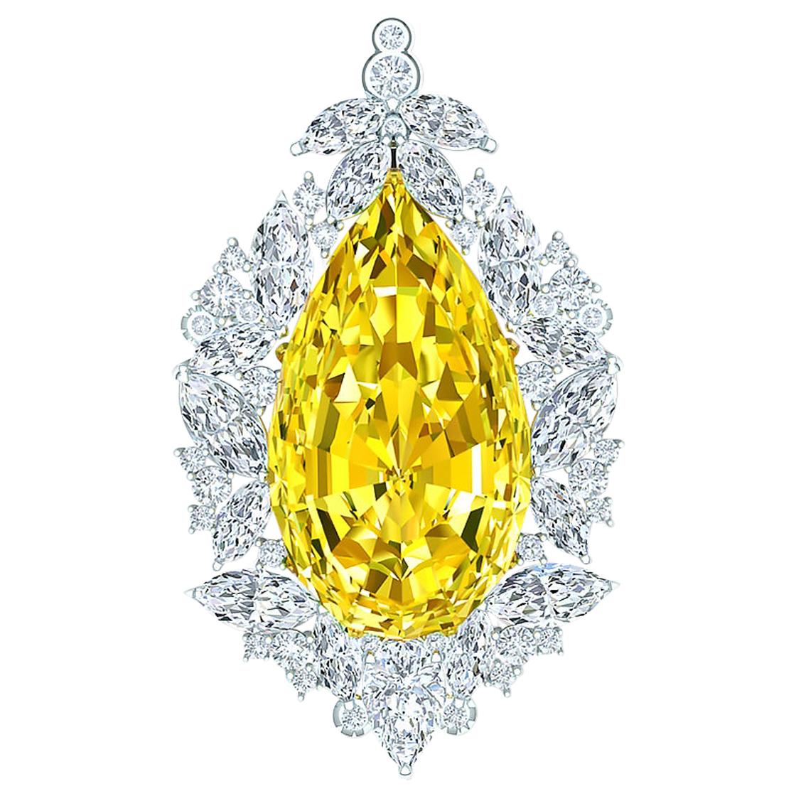 Timeless, GIA Fancy Yellow Pear Diamond, Platinum VS Pendant For Sale