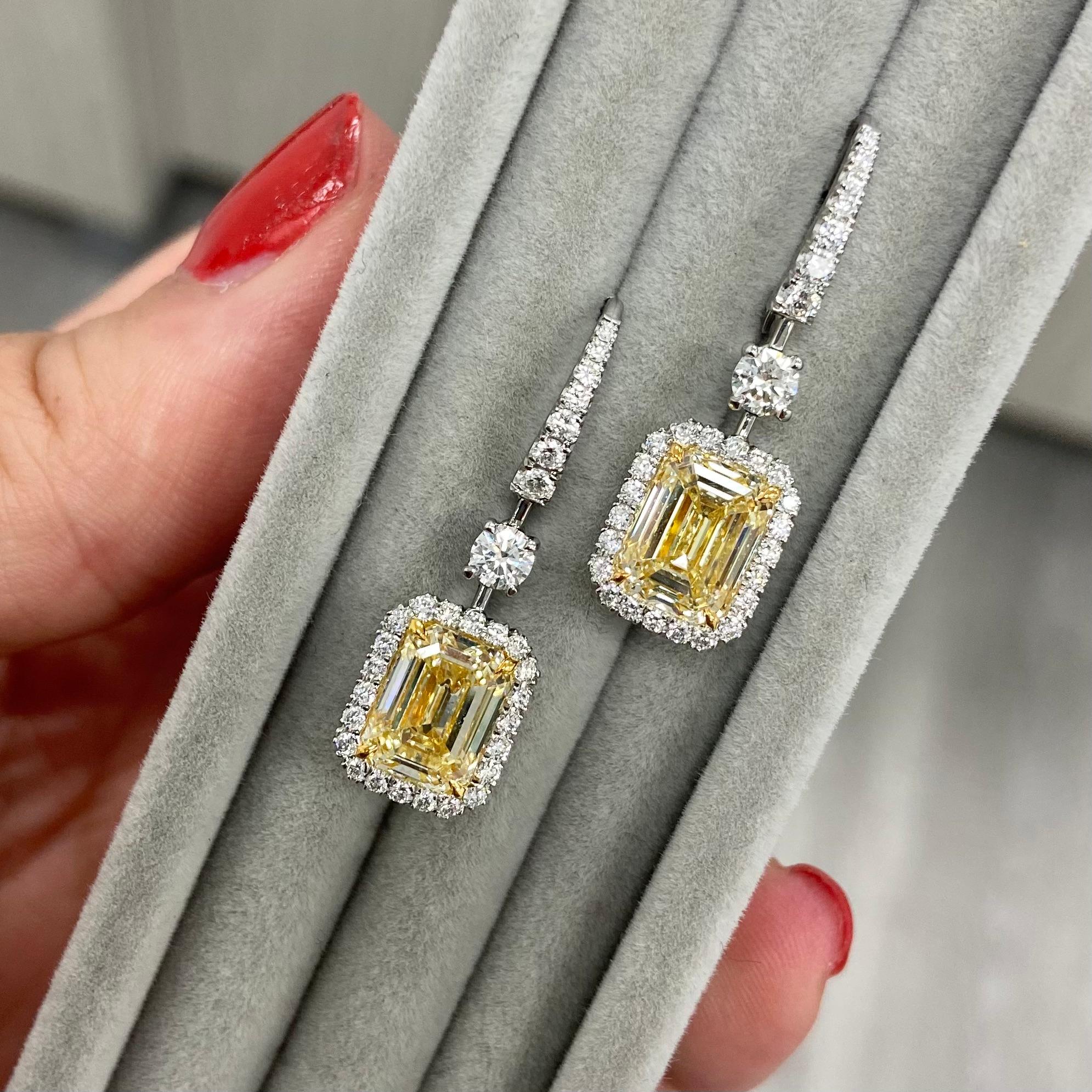 6 Carat GIA Light Yellow Emerald Cut Diamond Earrings In New Condition For Sale In New York, NY