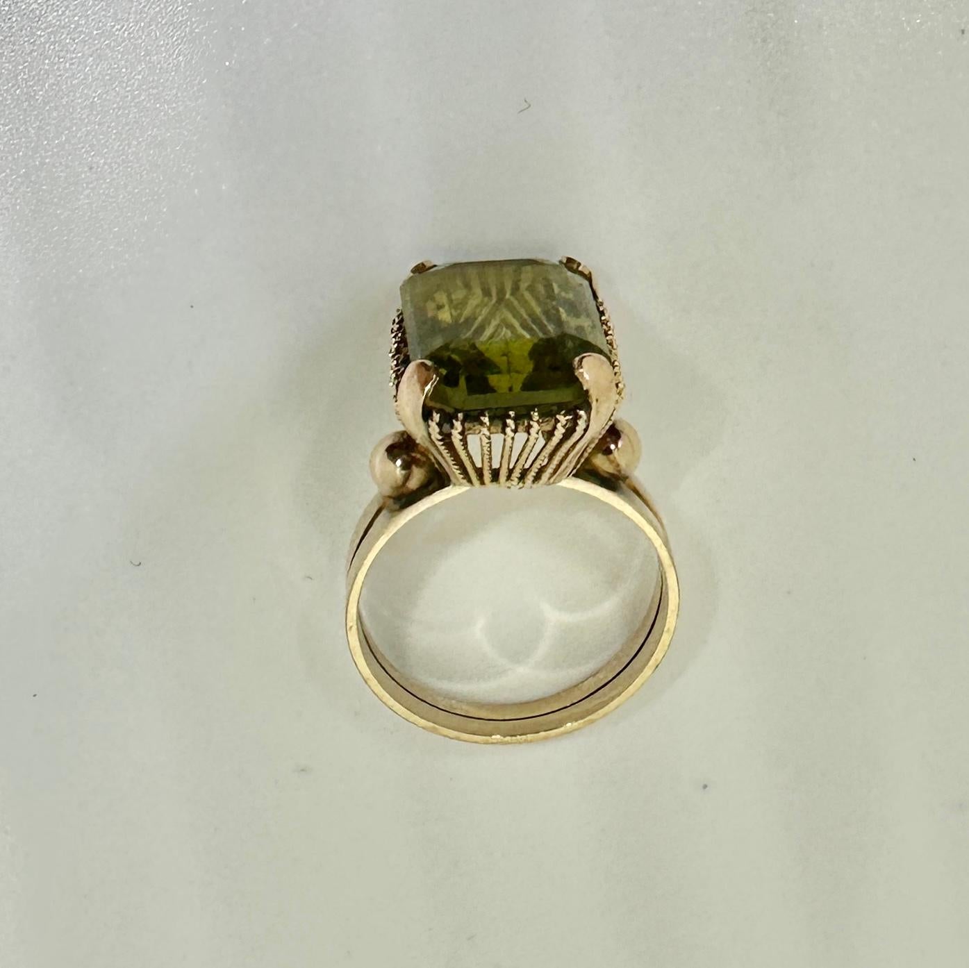 6 Carat Green Quartz Ring 14 Karat Gold Emerald Cut Art Deco Cocktail Ring For Sale 6