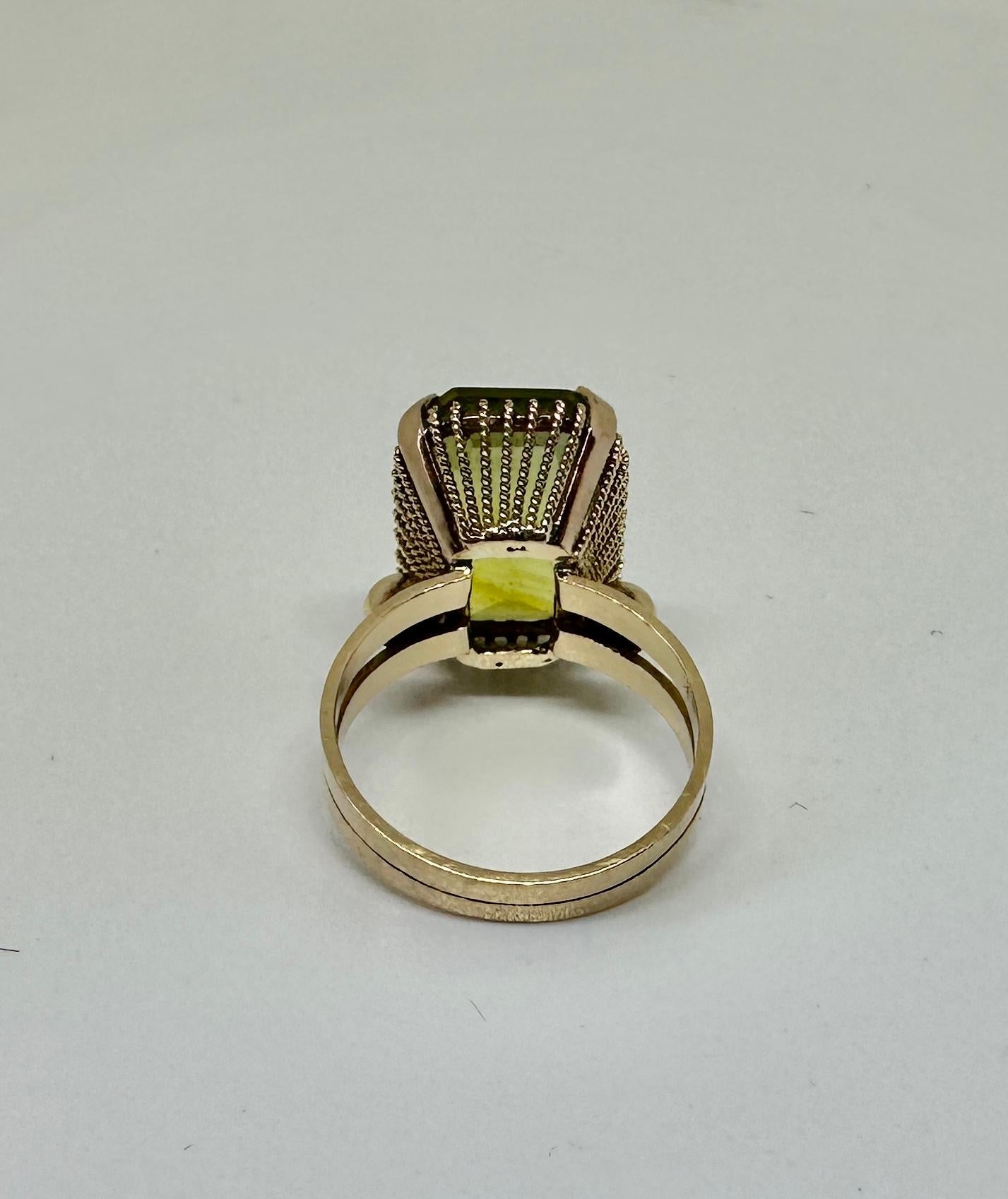 6 Carat Green Quartz Ring 14 Karat Gold Emerald Cut Art Deco Cocktail Ring For Sale 7