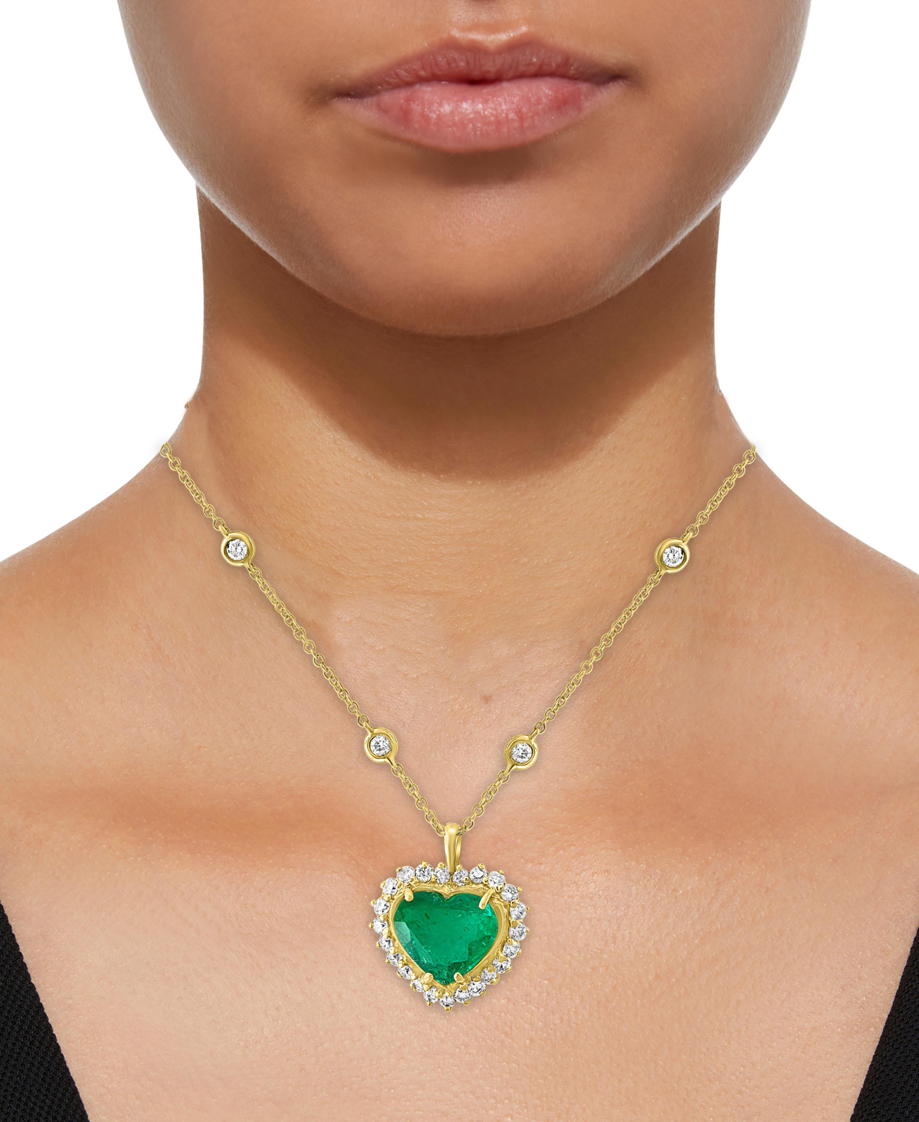 6+ Carat Heart Shape  Colombian Emerald and Diamond Pendant Necklace DBY Chain In Excellent Condition In New York, NY