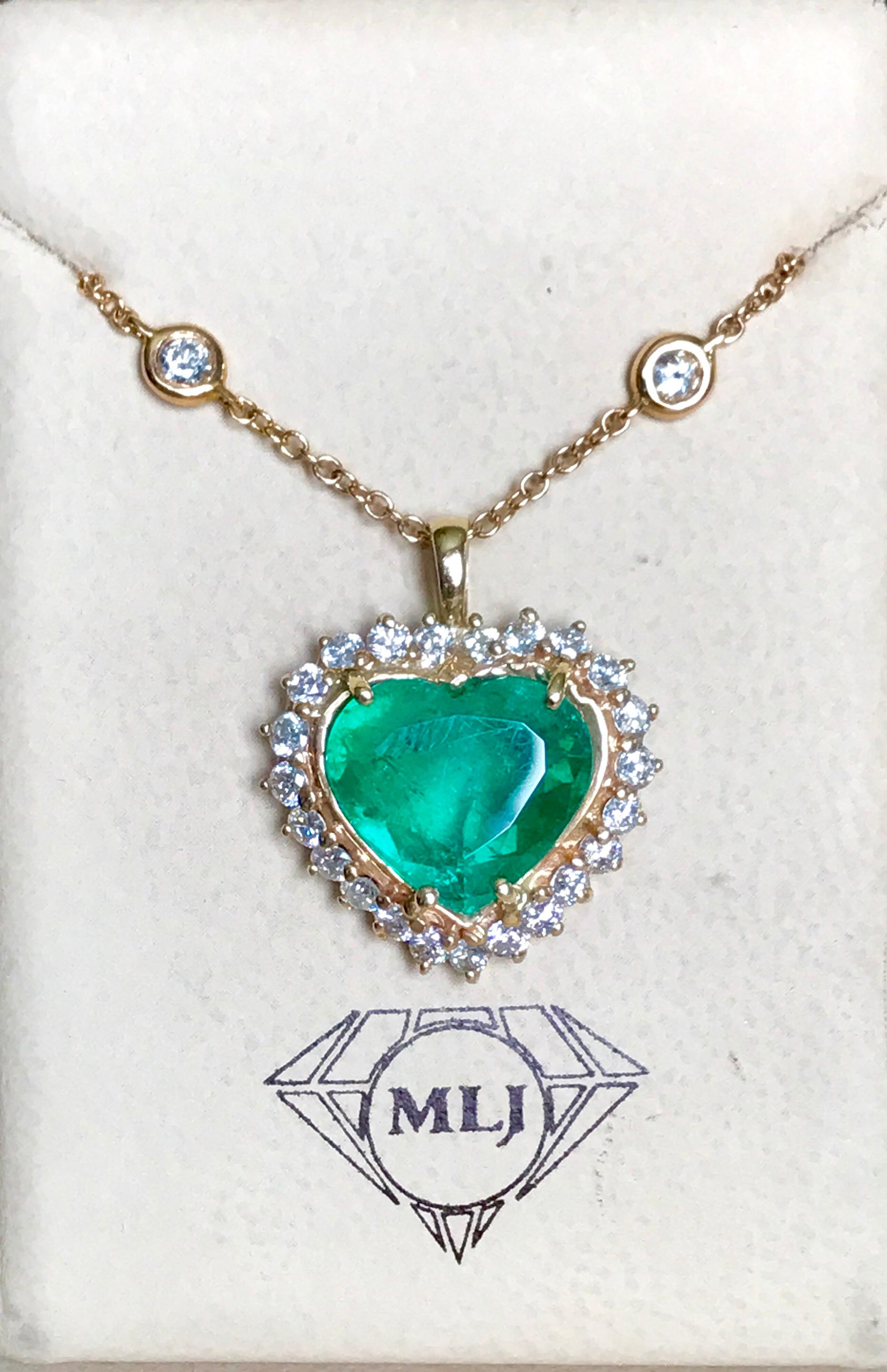 Women's 6+ Carat Heart Shape  Colombian Emerald and Diamond Pendant Necklace DBY Chain