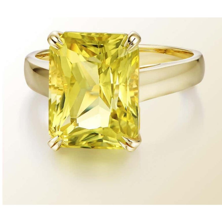 Emerald Cut 6 Carat Lab Yellow Diamond Ring 18 Karat Yellow Gold For Sale
