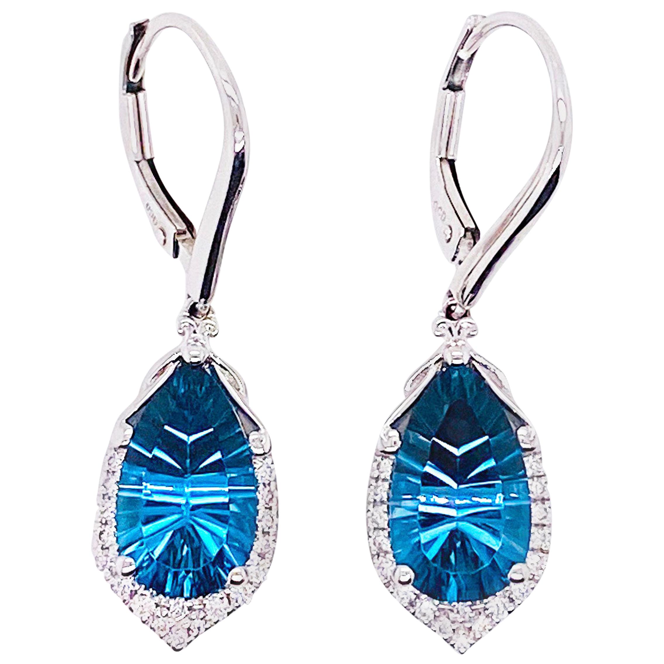 6 Carat London Blue Topaz & Diamond Earring Dangles 14 Karat Gold Topaz Earring