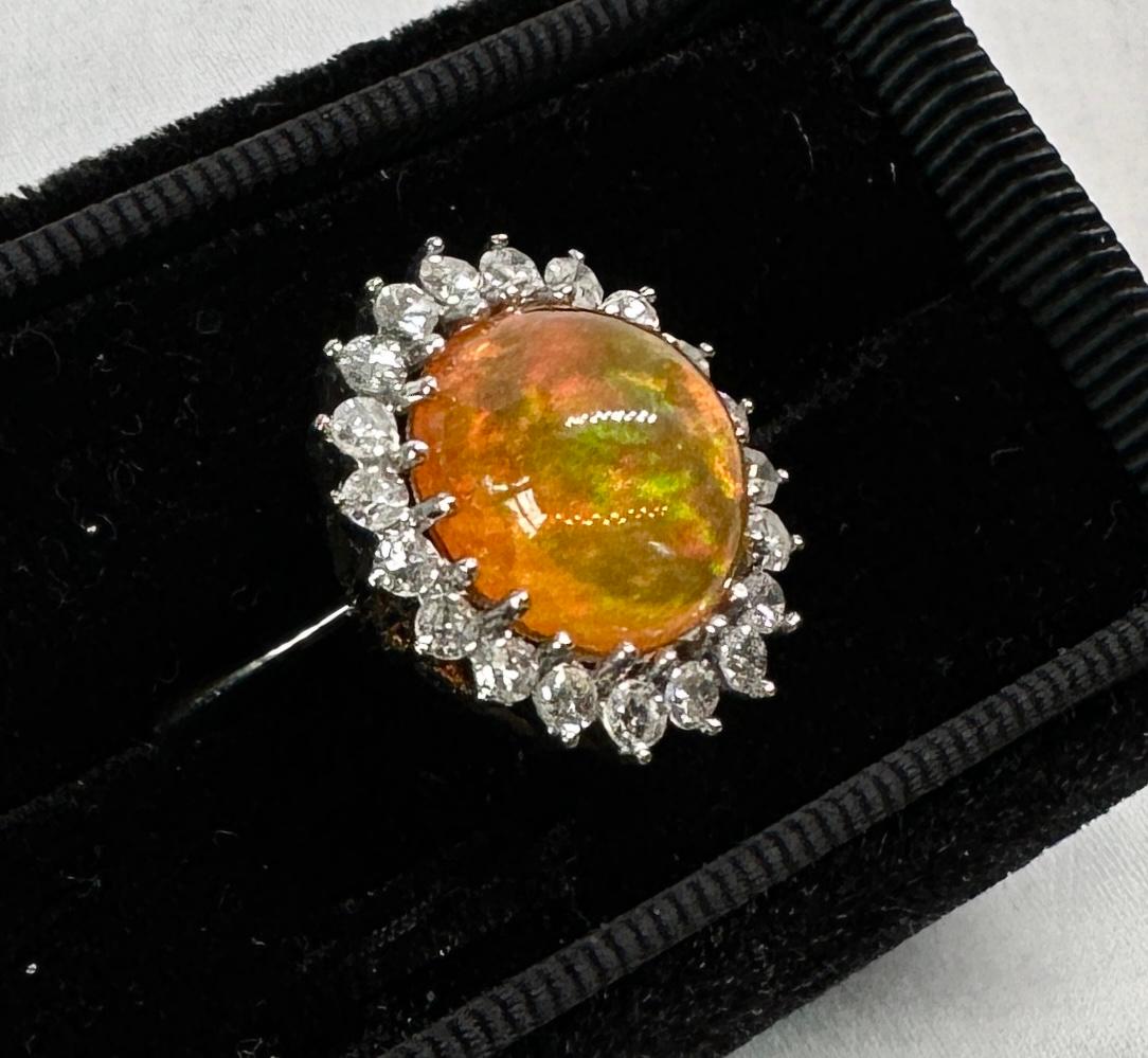 6 Carat Mexican Fire Opal Diamond Halo Ring 14 Karat Gold Antique Cocktail Ring For Sale 3