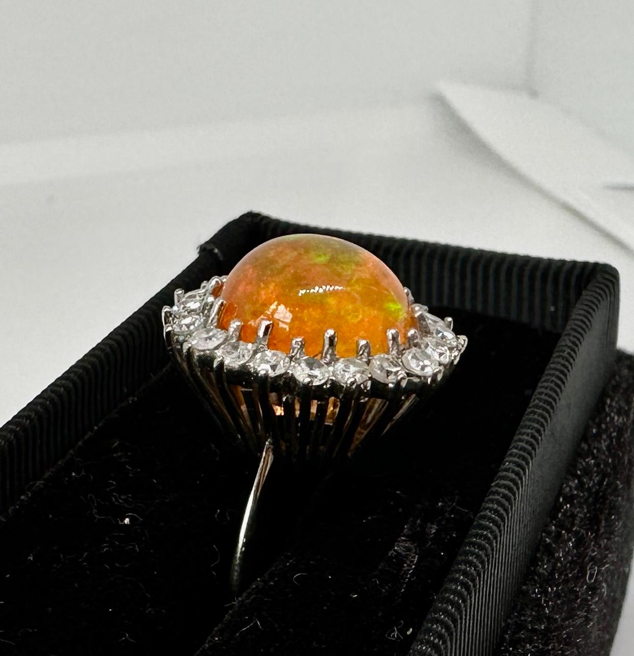 6 Carat Mexican Fire Opal Diamond Halo Ring 14 Karat Gold Antique Cocktail Ring For Sale 4