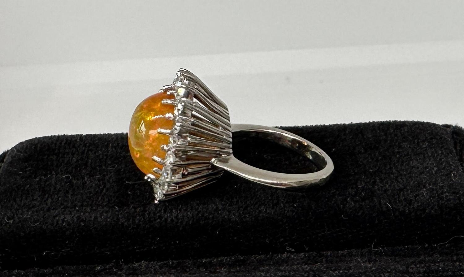 6 Carat Mexican Fire Opal Diamond Halo Ring 14 Karat Gold Antique Cocktail Ring For Sale 5