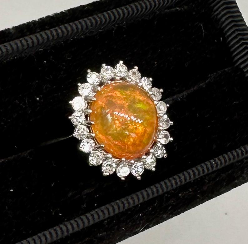 Contemporary 6 Carat Mexican Fire Opal Diamond Halo Ring 14 Karat Gold Antique Cocktail Ring For Sale