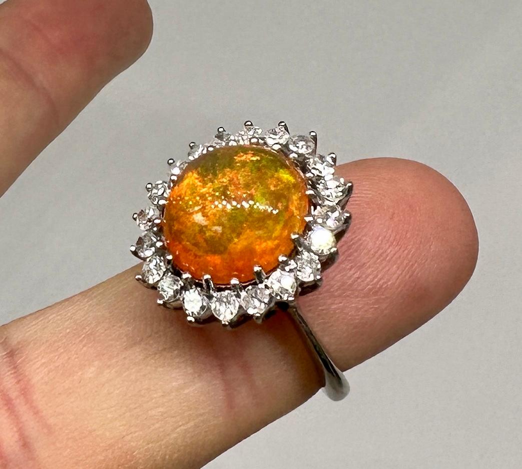 Oval Cut 6 Carat Mexican Fire Opal Diamond Halo Ring 14 Karat Gold Antique Cocktail Ring For Sale