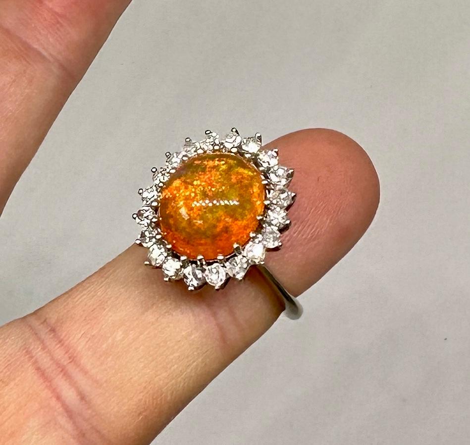6 Carat Mexican Fire Opal Diamond Halo Ring 14 Karat Gold Antique Cocktail Ring In Excellent Condition For Sale In New York, NY