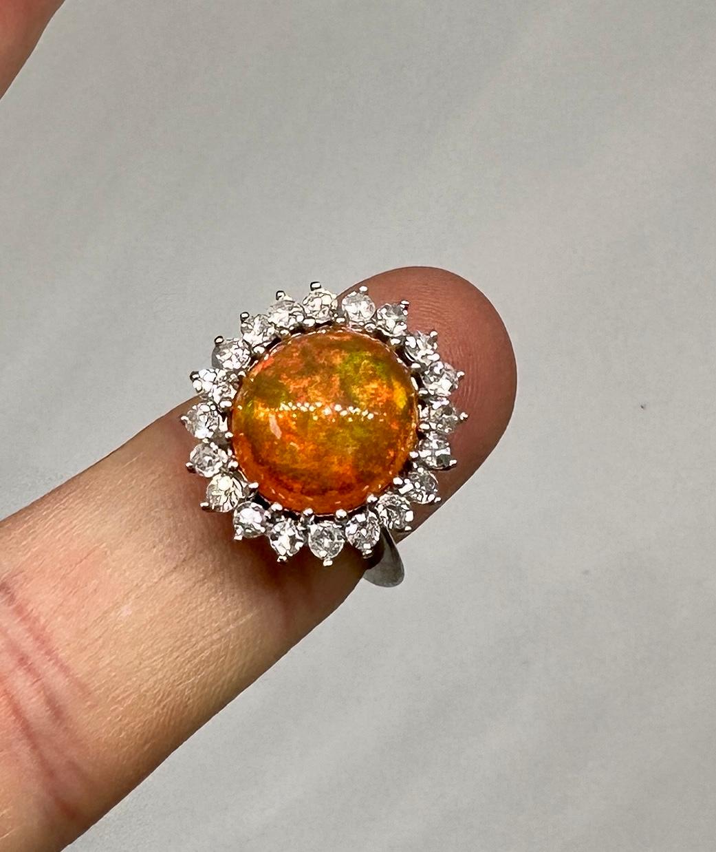 Women's 6 Carat Mexican Fire Opal Diamond Halo Ring 14 Karat Gold Antique Cocktail Ring For Sale