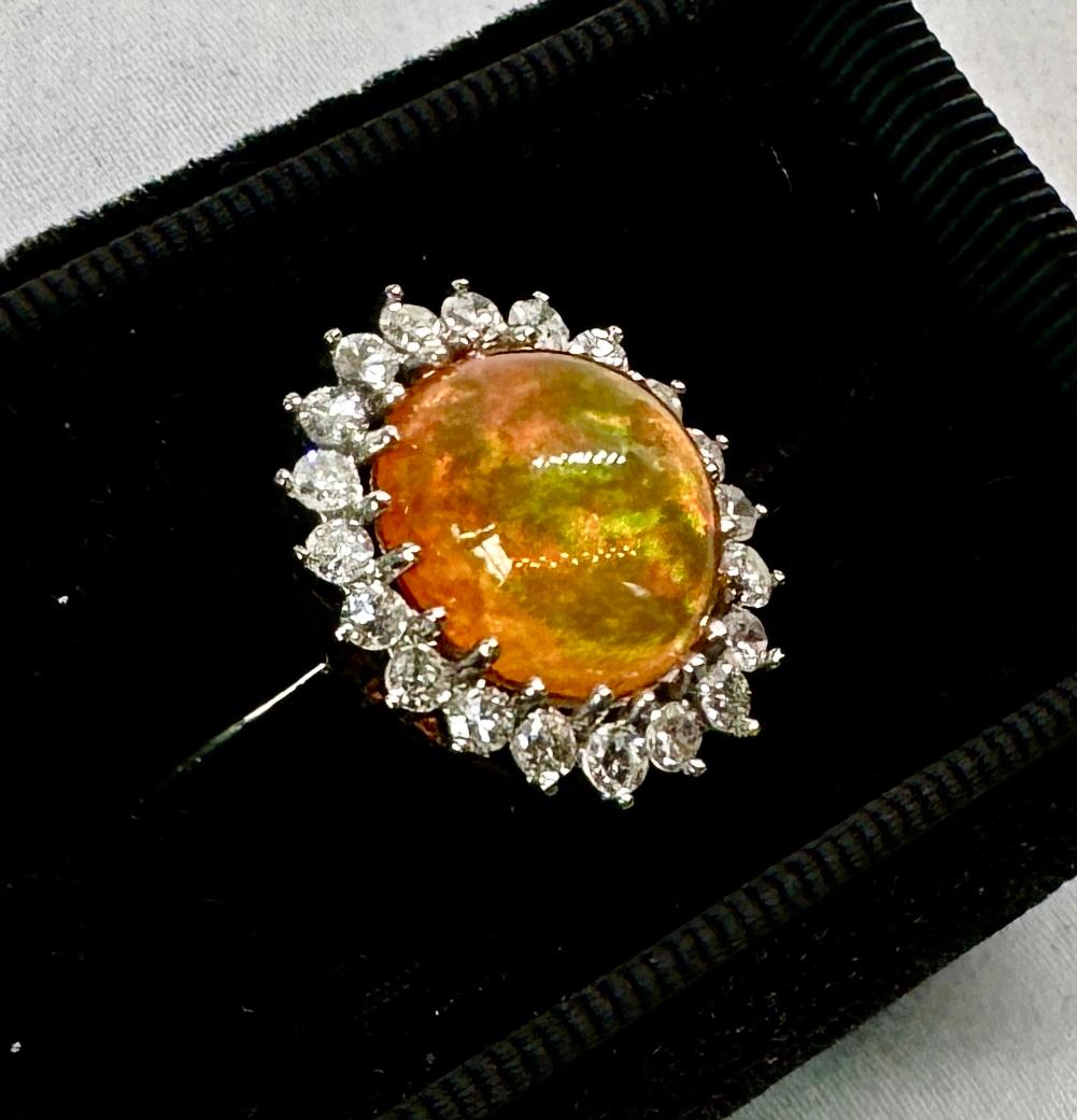 6 Carat Mexican Fire Opal Diamond Halo Ring 14 Karat Gold Antique Cocktail Ring For Sale 2