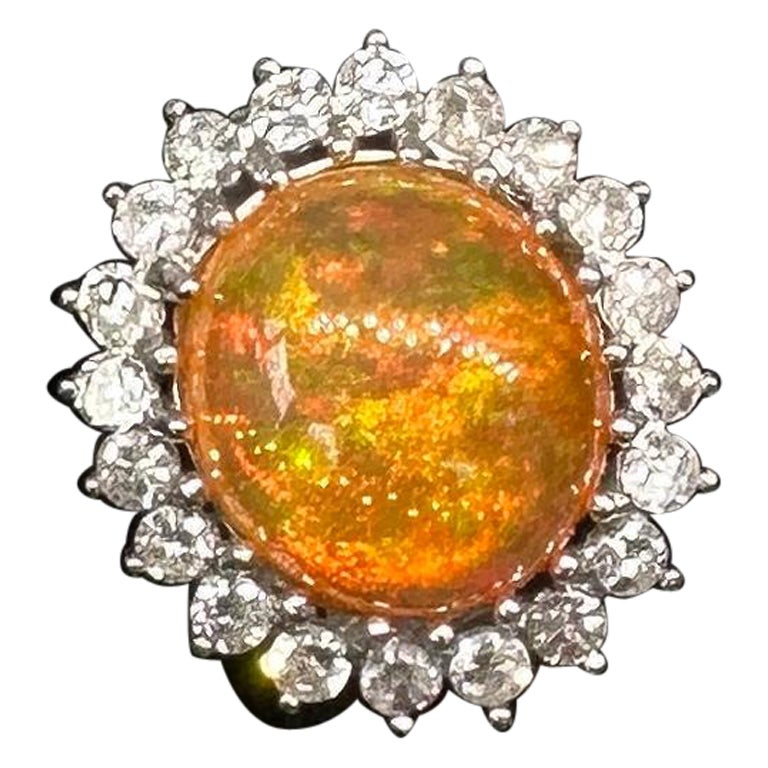 6 Carati Opale di fuoco messicano Anello con diamante a raggiera Anello da cocktail antico in oro 14 carati