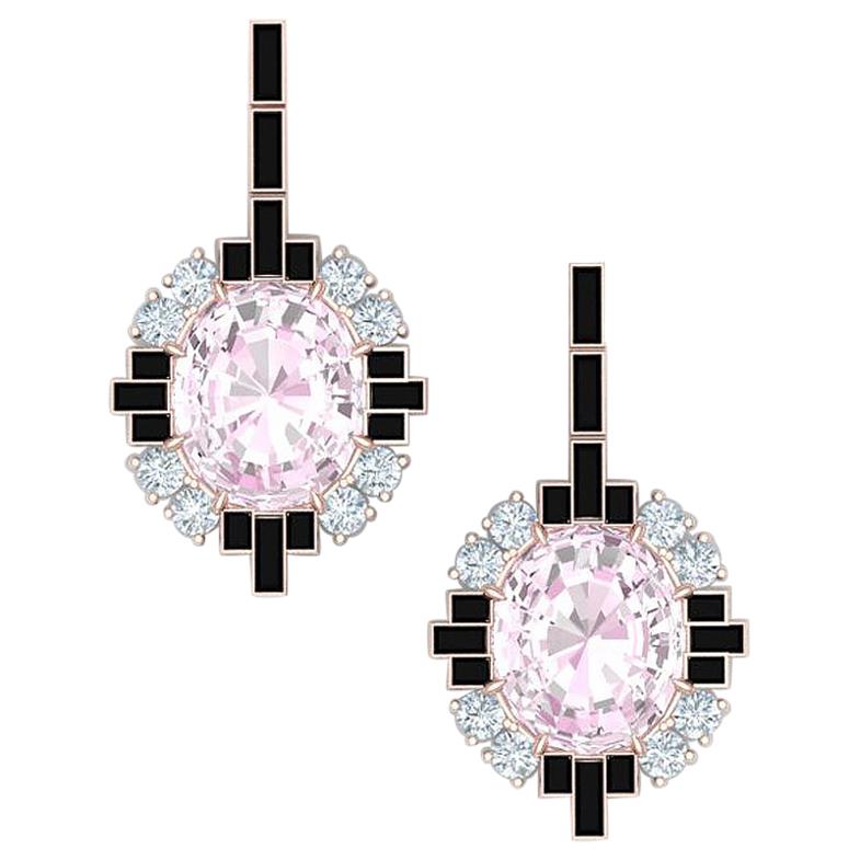 6 Carat Morganite Onyx and Diamond Rose Gold Dangle Drop Earrings For Sale