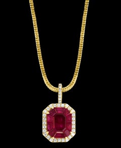 6 Carat Natural Burma Ruby and Diamond Pendant in 18 Karat + Yellow Gold Chain