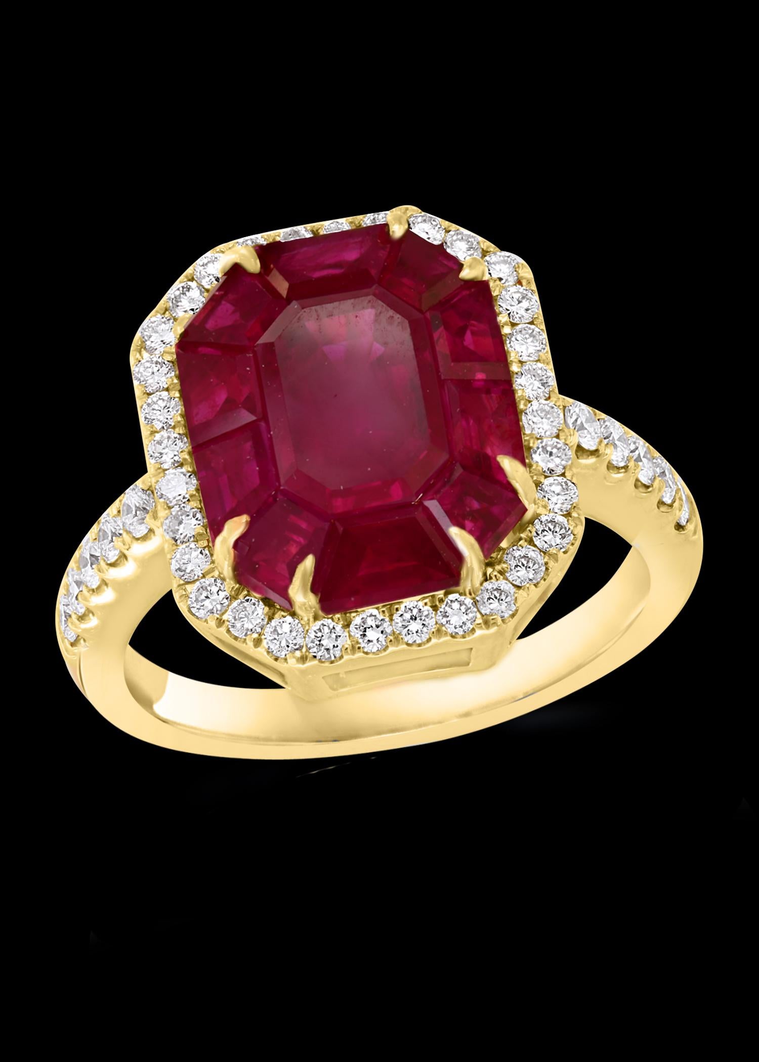 6 Carat Natural Burma Ruby and Diamond Ring in 18 Karat  Yellow Gold
This spectacular  ring consisting of natural Burma ruby. One Emerald shape ruby 12 X10 , It look like a whole one single piece but in fact there is a center single stone which is