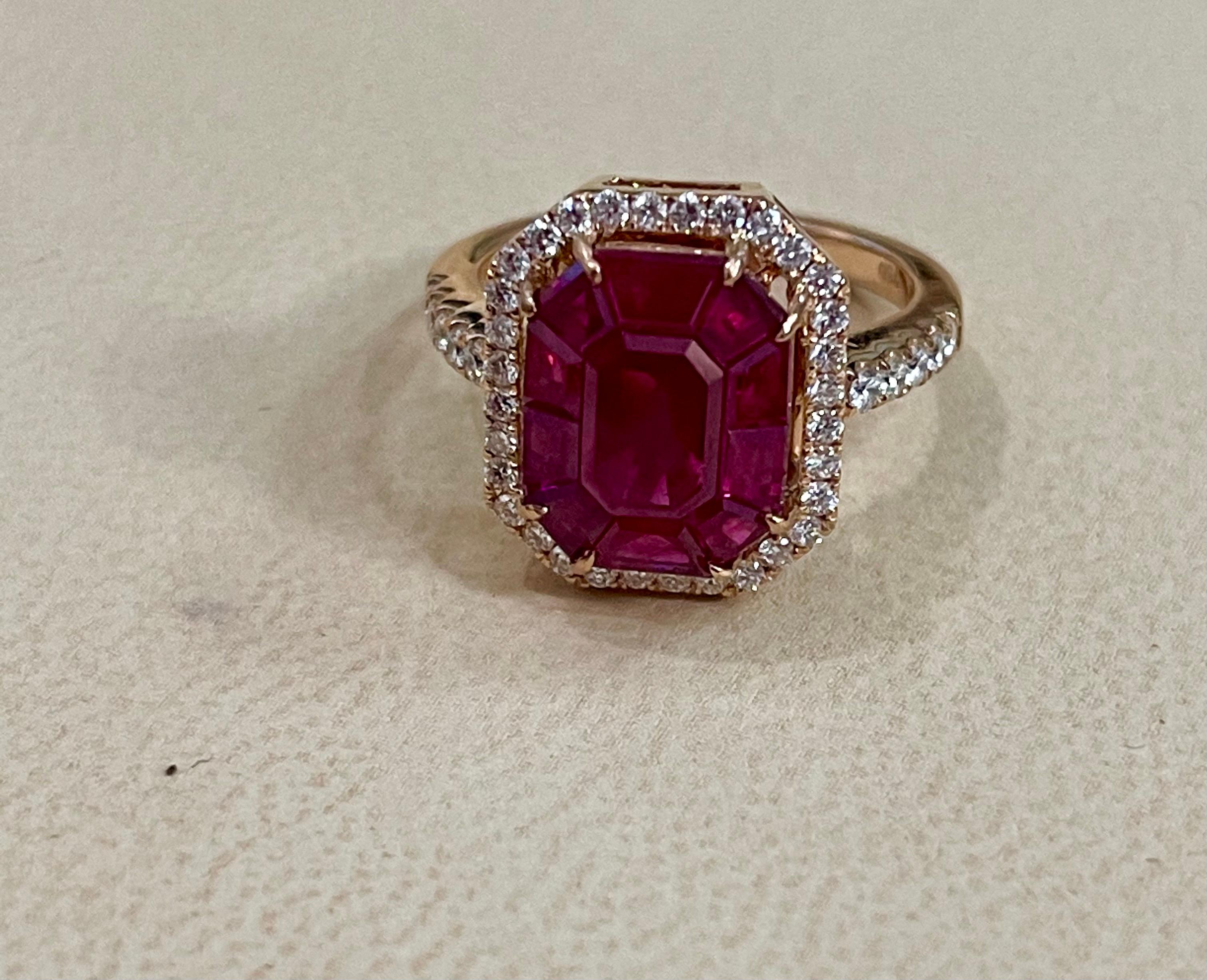 Emerald Cut 6 Carat Natural Burma Ruby and Diamond Ring in 18 Karat Yellow Gold