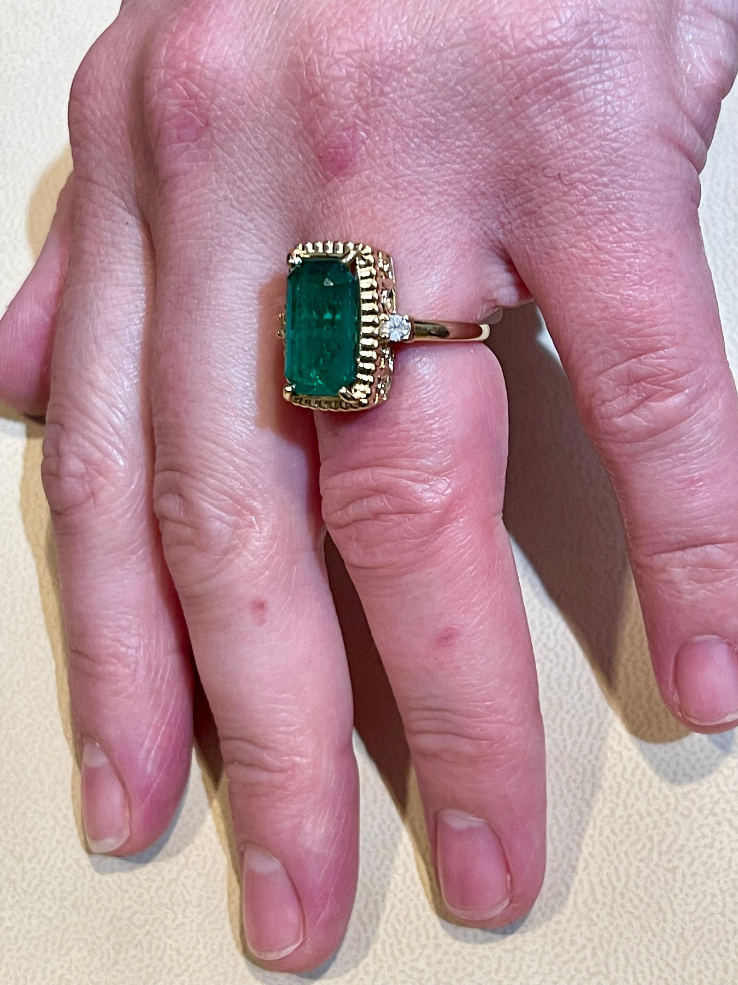 6 Carat Natural Emerald Cut Zambian Emerald & Diamond Ring 14 K Yellow Gold 3