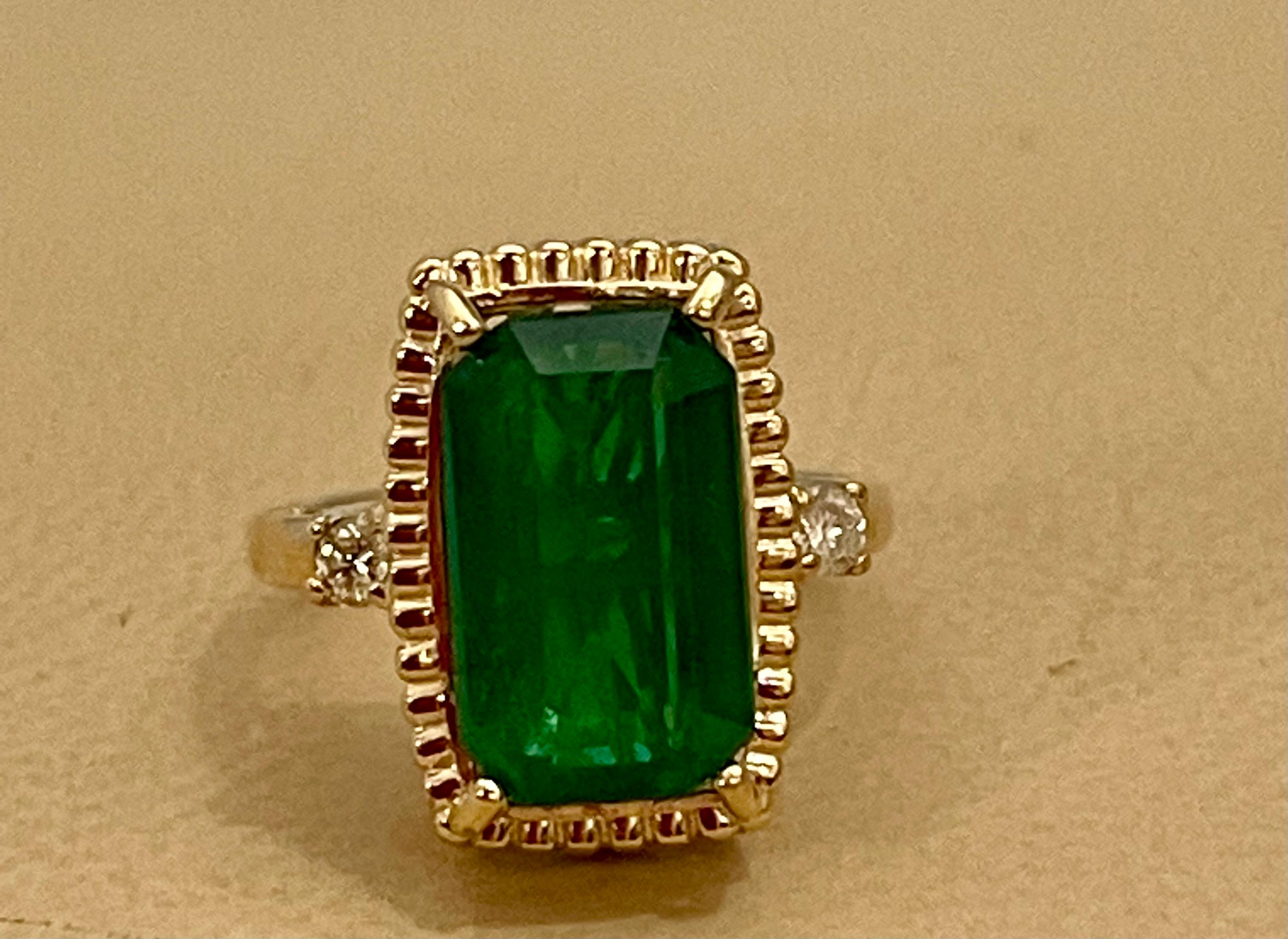 6 Carat Natural Emerald Cut Zambian Emerald & Diamond Ring 14 K Yellow Gold 7