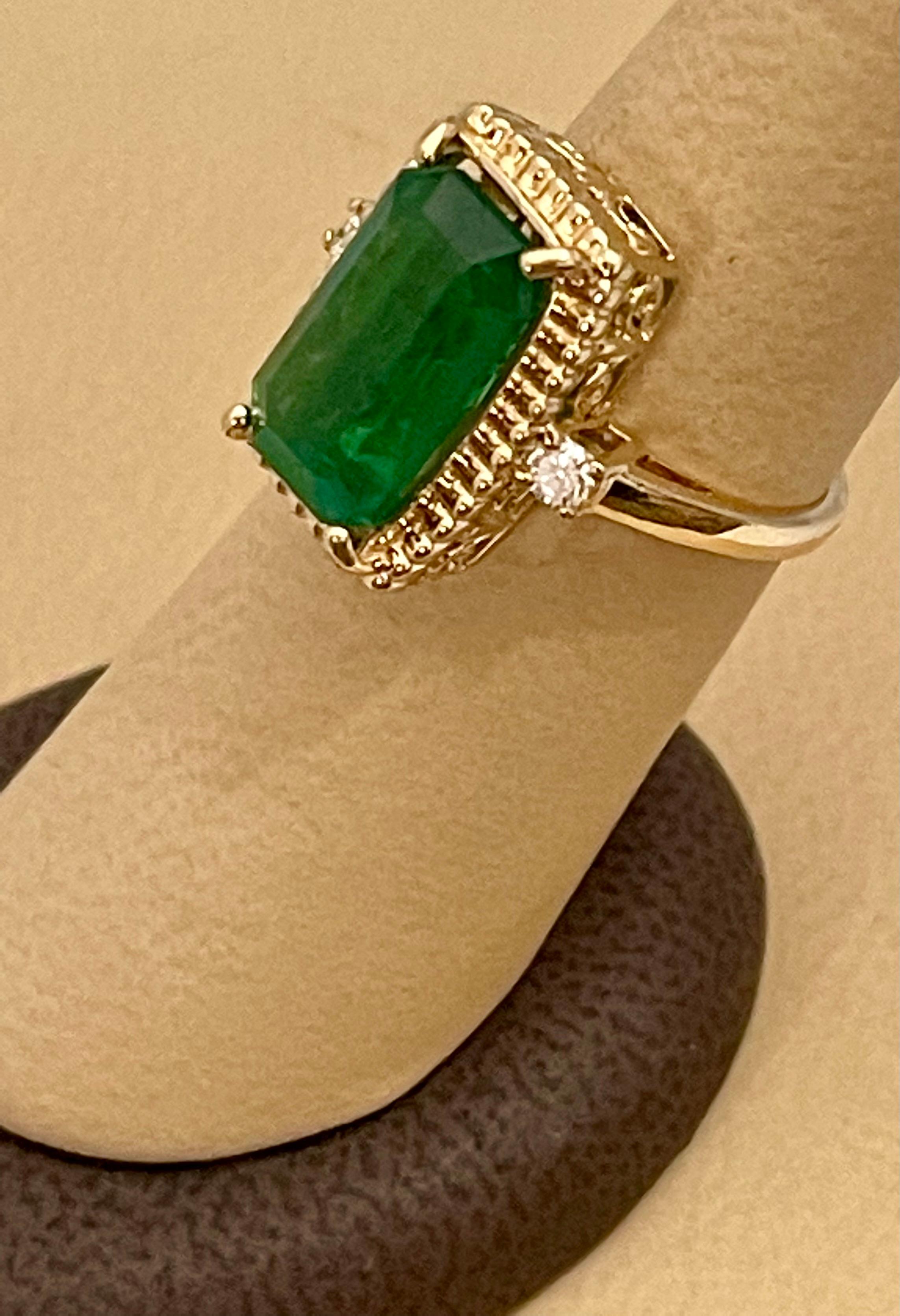 6 Carat Natural Emerald Cut Zambian Emerald & Diamond Ring 14 K Yellow Gold 9