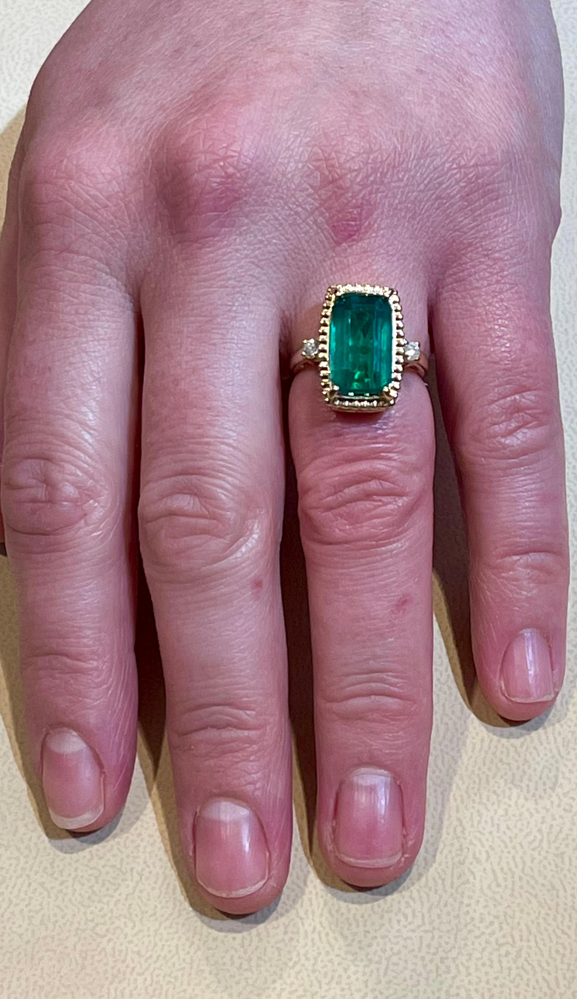 Women's 6 Carat Natural Emerald Cut Zambian Emerald & Diamond Ring 14 K Yellow Gold