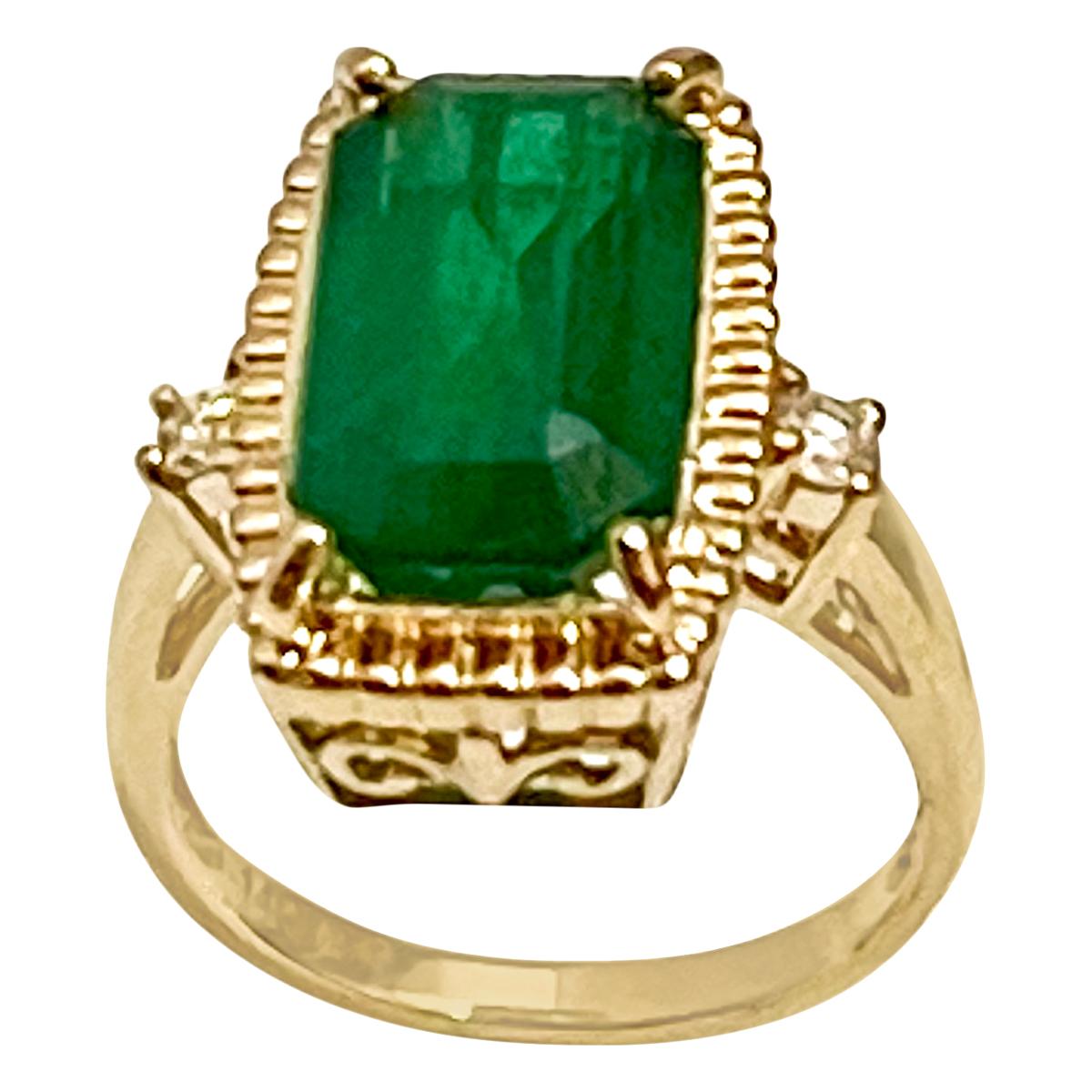 6 Carat Natural Emerald Cut Zambian Emerald & Diamond Ring 14 K Yellow Gold