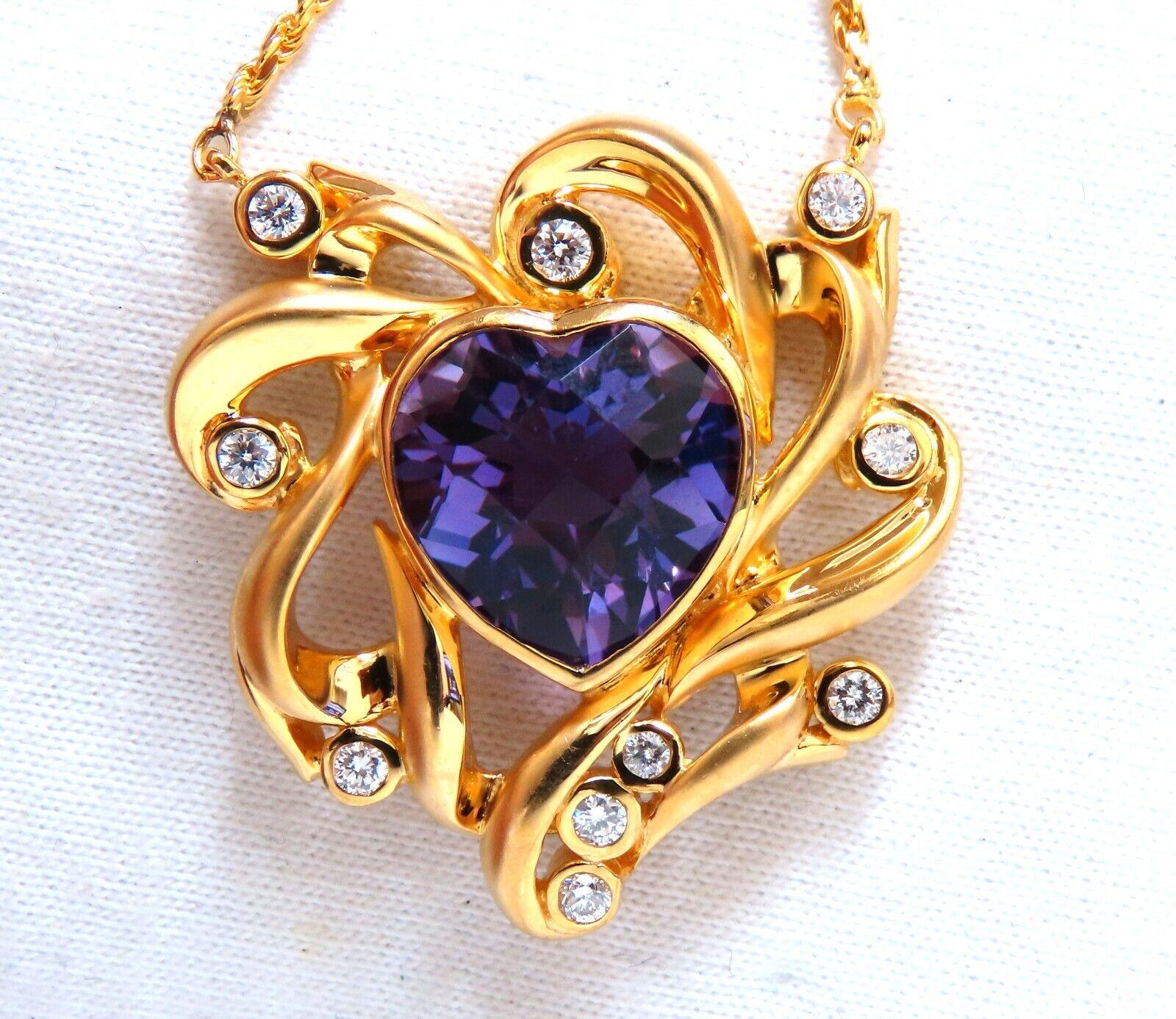 6 carat natural heart-shaped amethyst necklace.


Modified Royal Crest design.


Amethyst measures 11x10 mm

Clean quality transparent

Rose cut, checkerboard


.50 carat natural round side diamonds

H/vs2 clarity


14 karat yellow gold, 13.8
