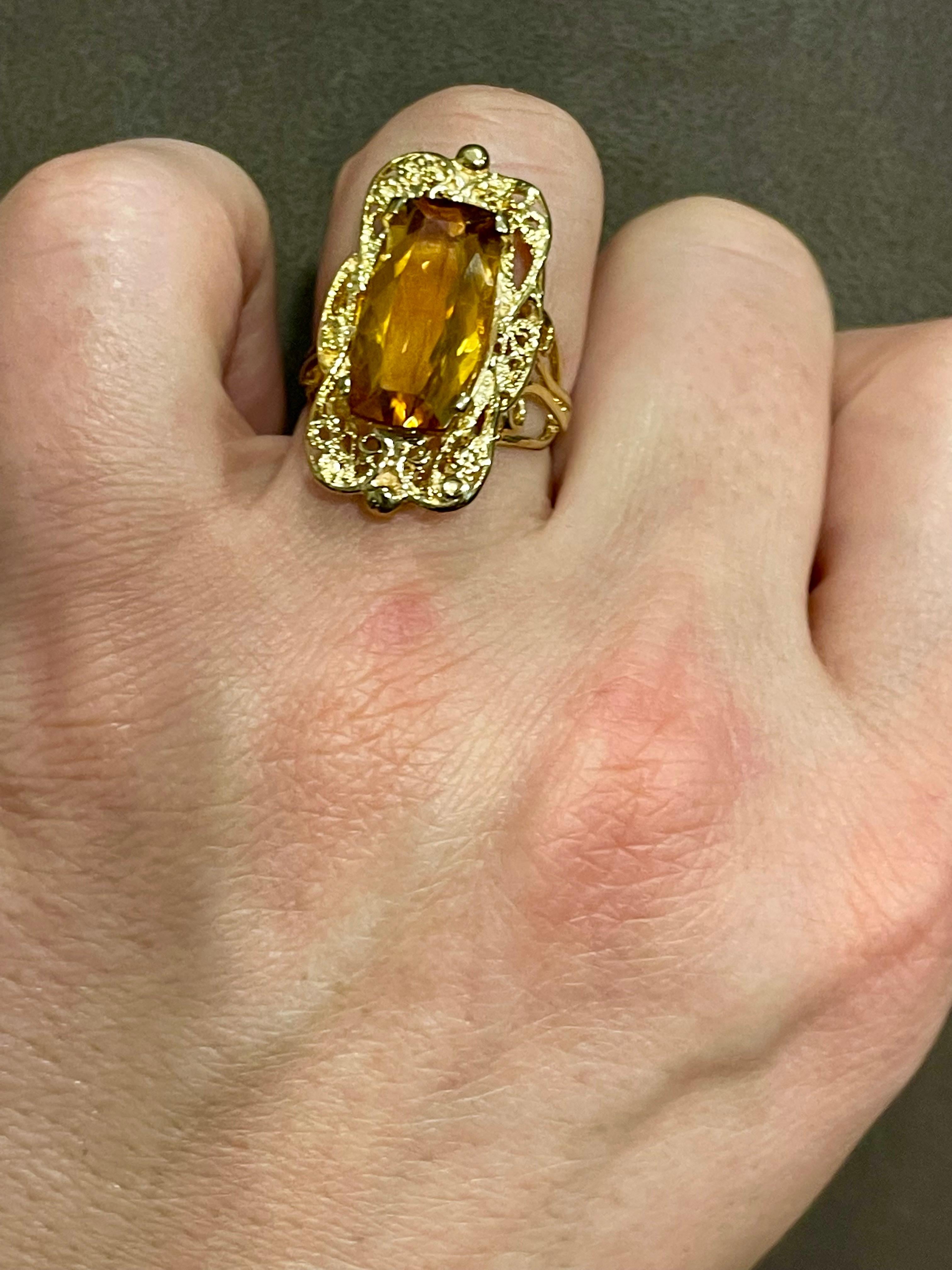 6 Carat Natural Long Cushion Shape Citrine Cocktail Ring in 14 Karat Yellow Gold For Sale 7