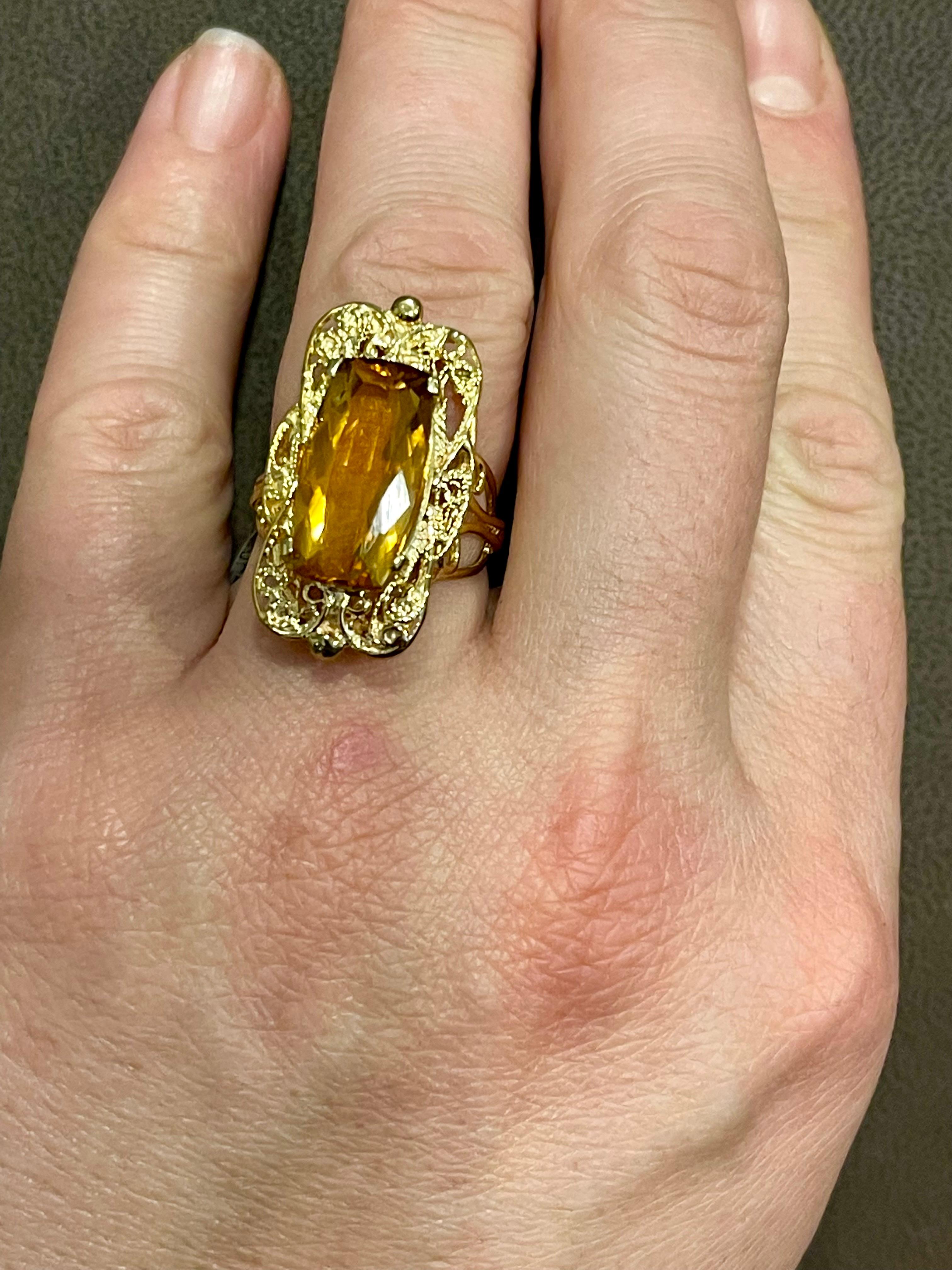 6 Carat Natural Long Cushion Shape Citrine Cocktail Ring in 14 Karat Yellow Gold For Sale 8