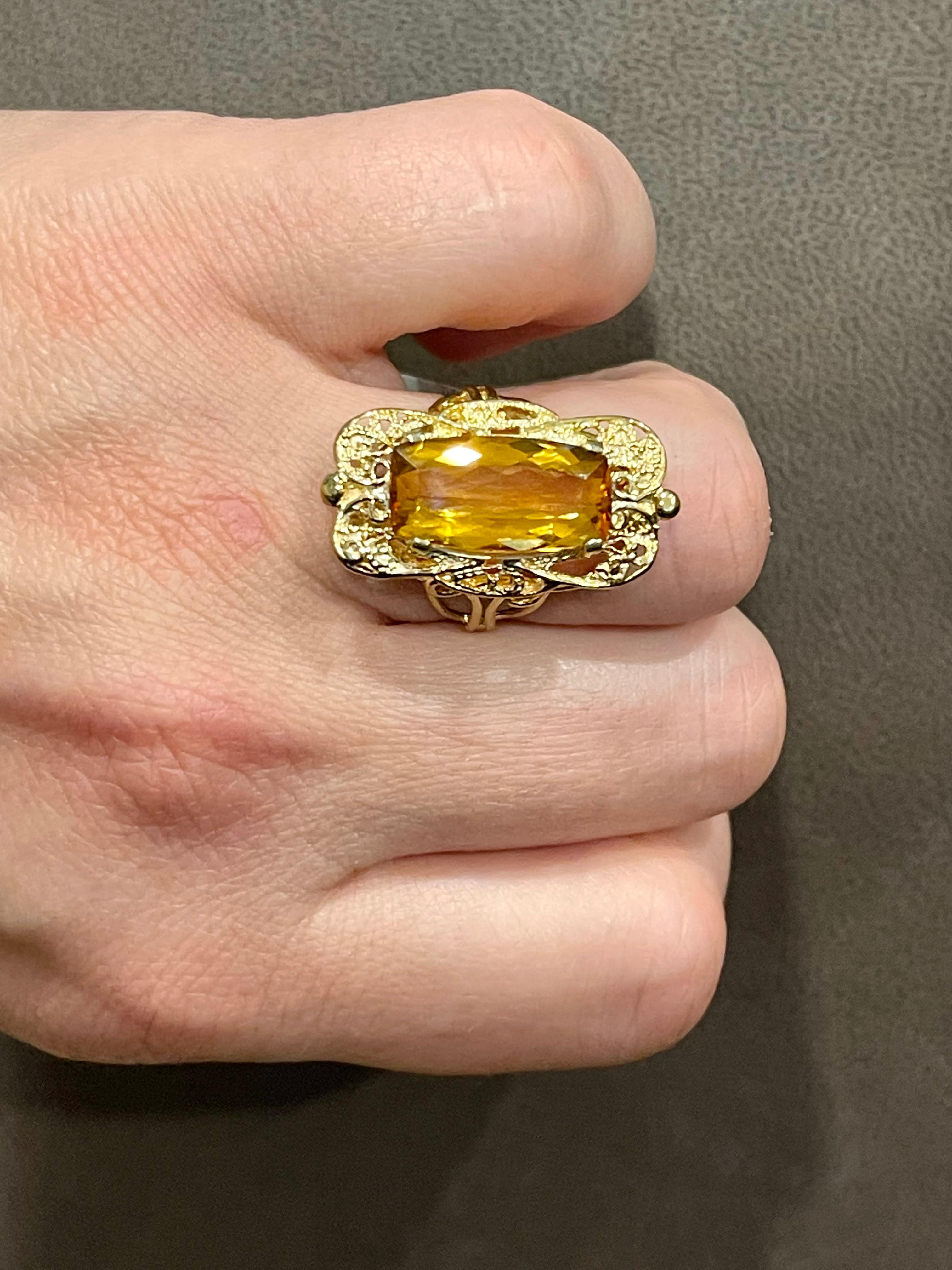 6 Carat Natural Long Cushion Shape Citrine Cocktail Ring in 14 Karat Yellow Gold For Sale 9