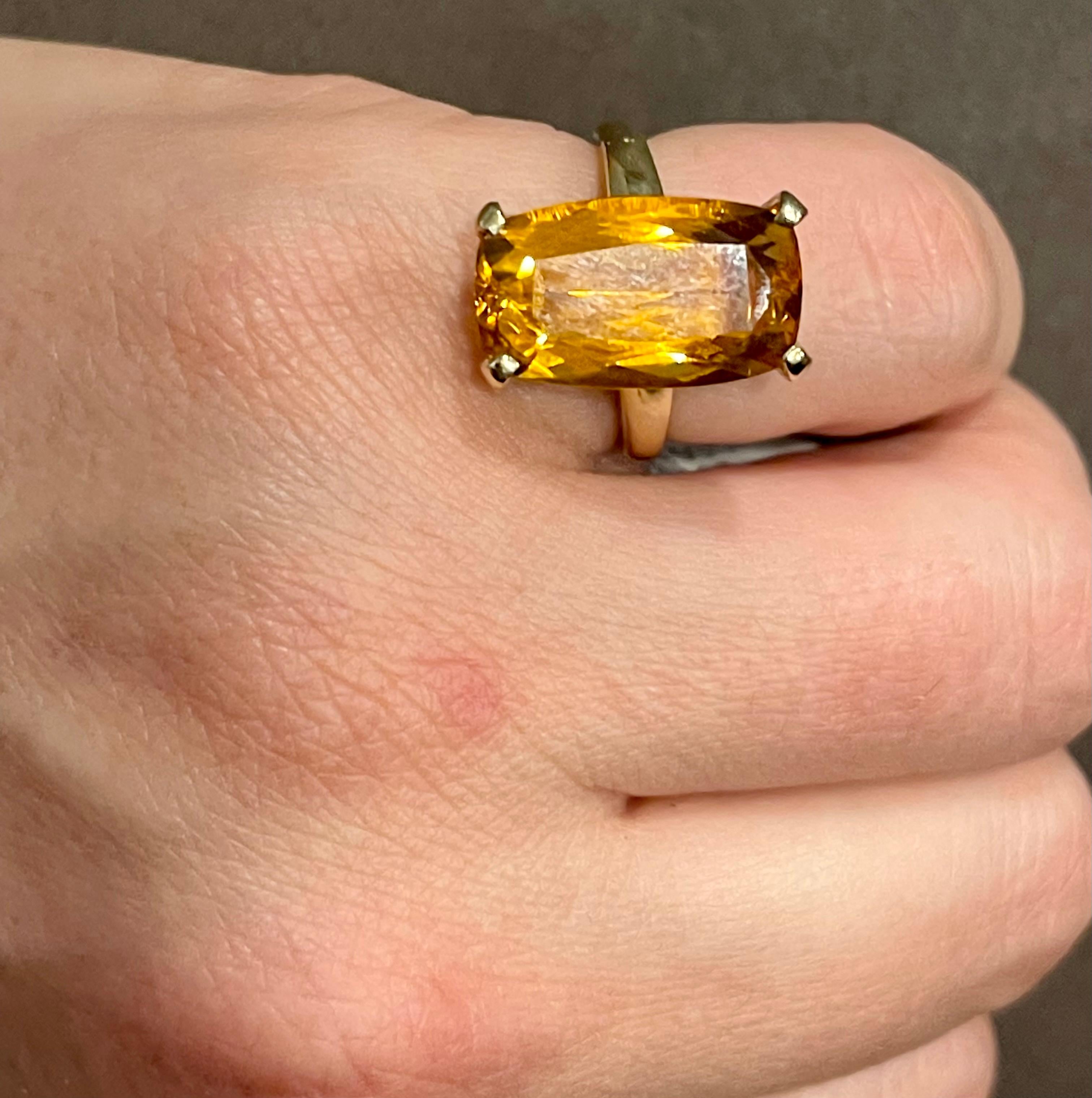 6 Carat Natural Long Cushion Shape Citrine Cocktail Ring in 14 Karat Yellow Gold For Sale 9