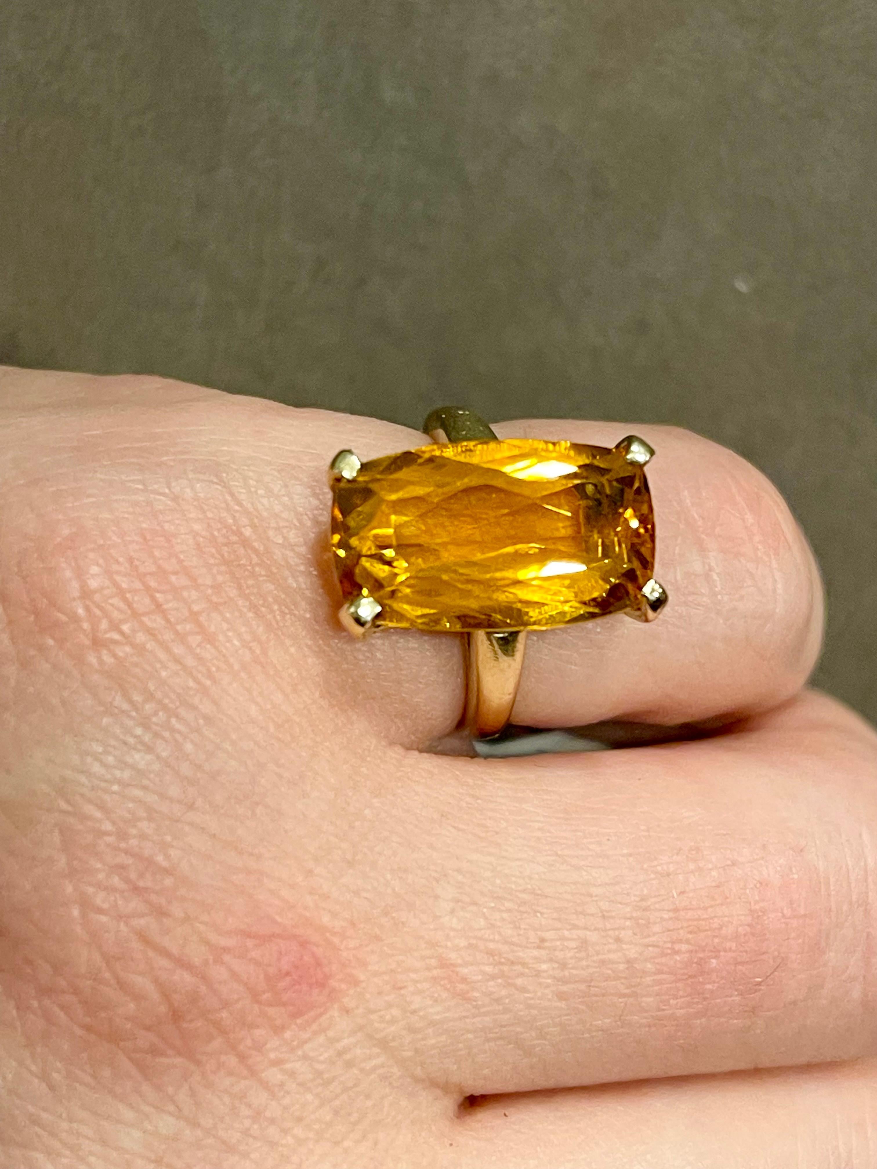 6 Carat Natural Long Cushion Shape Citrine Cocktail Ring in 14 Karat Yellow Gold For Sale 11