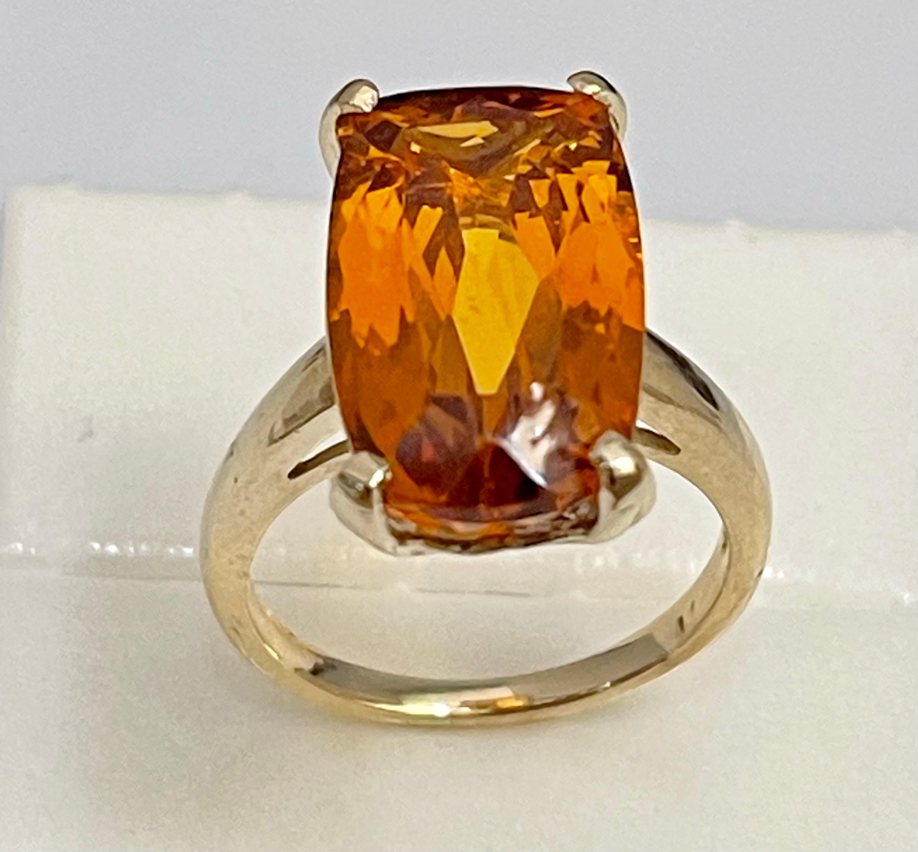 Women's 6 Carat Natural Long Cushion Shape Citrine Cocktail Ring in 14 Karat Yellow Gold For Sale