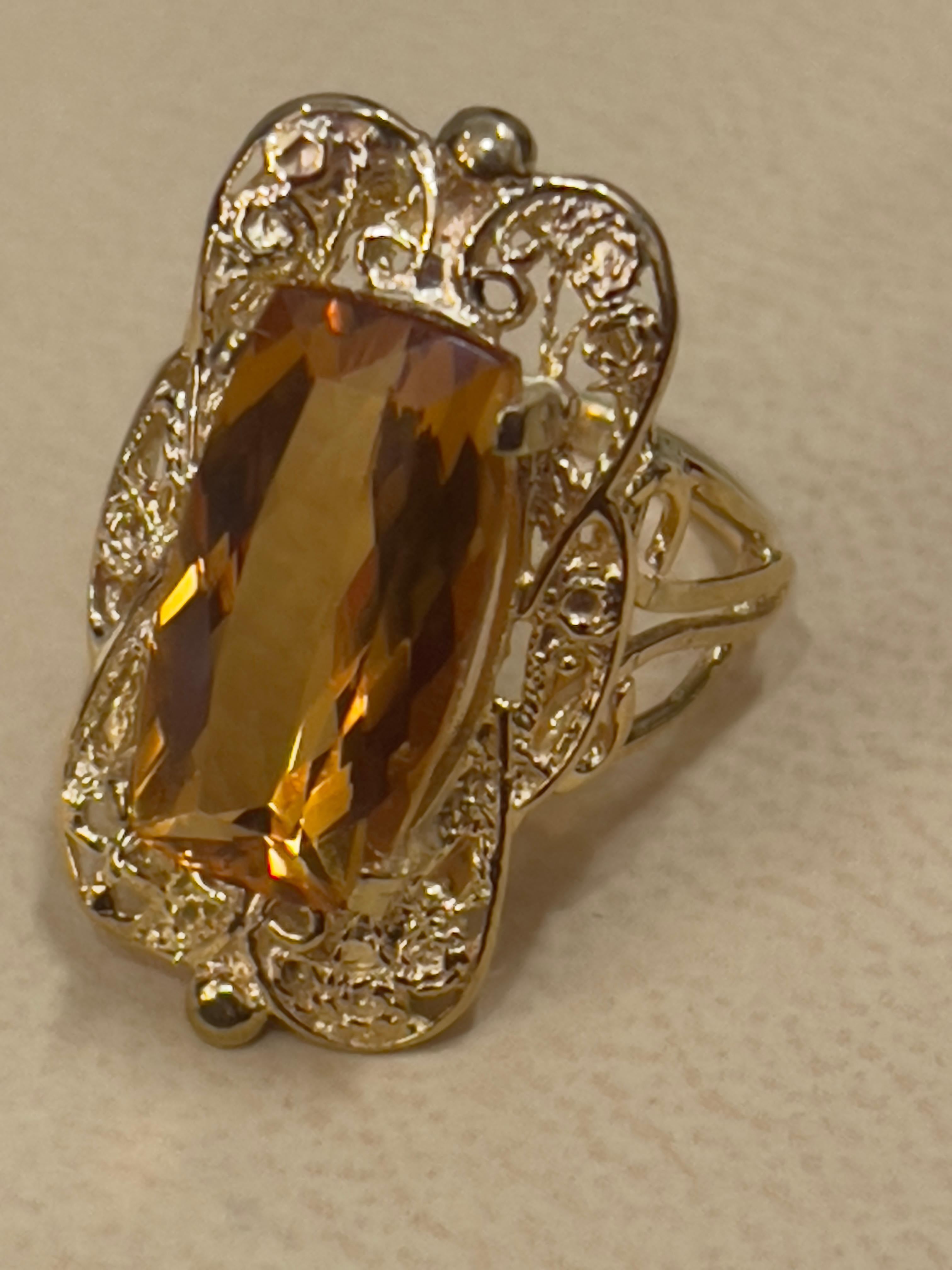 6 Carat Natural Long Cushion Shape Citrine Cocktail Ring in 14 Karat Yellow Gold For Sale 3