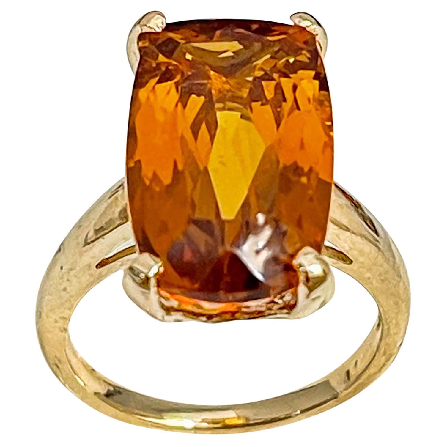 6 Carat Natural Long Cushion Shape Citrine Cocktail Ring in 14 Karat Yellow Gold For Sale