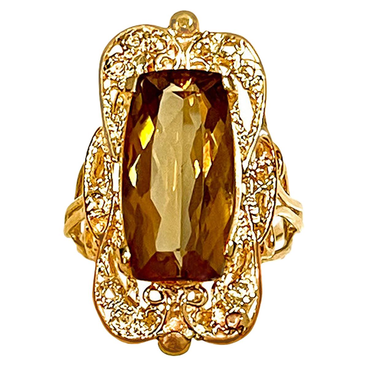 6 Carat Natural Long Cushion Shape Citrine Cocktail Ring in 14 Karat Yellow Gold For Sale