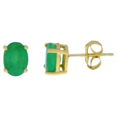 6 Carat Oval Natural Emerald Stud Post Earrings 14 Karat Yellow Gold
