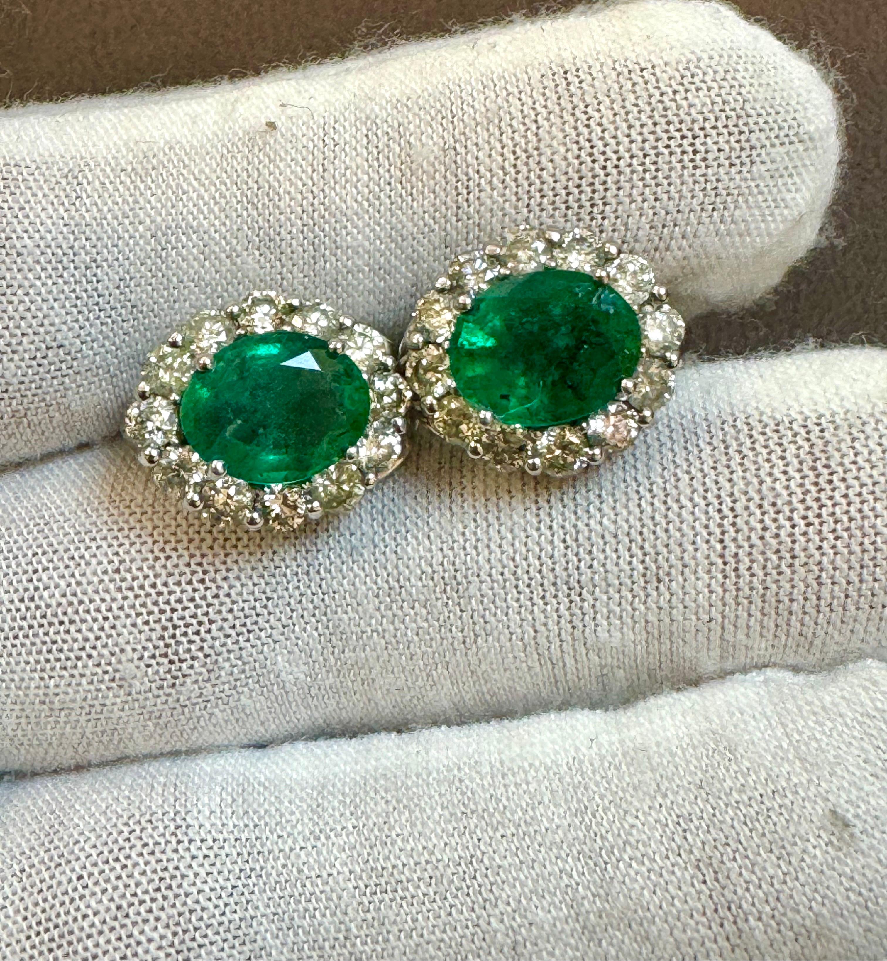 6 Carat Oval Shape Emerald & 2 Ct Diamond Post Back Earrings 14 Karat White Gold For Sale 5