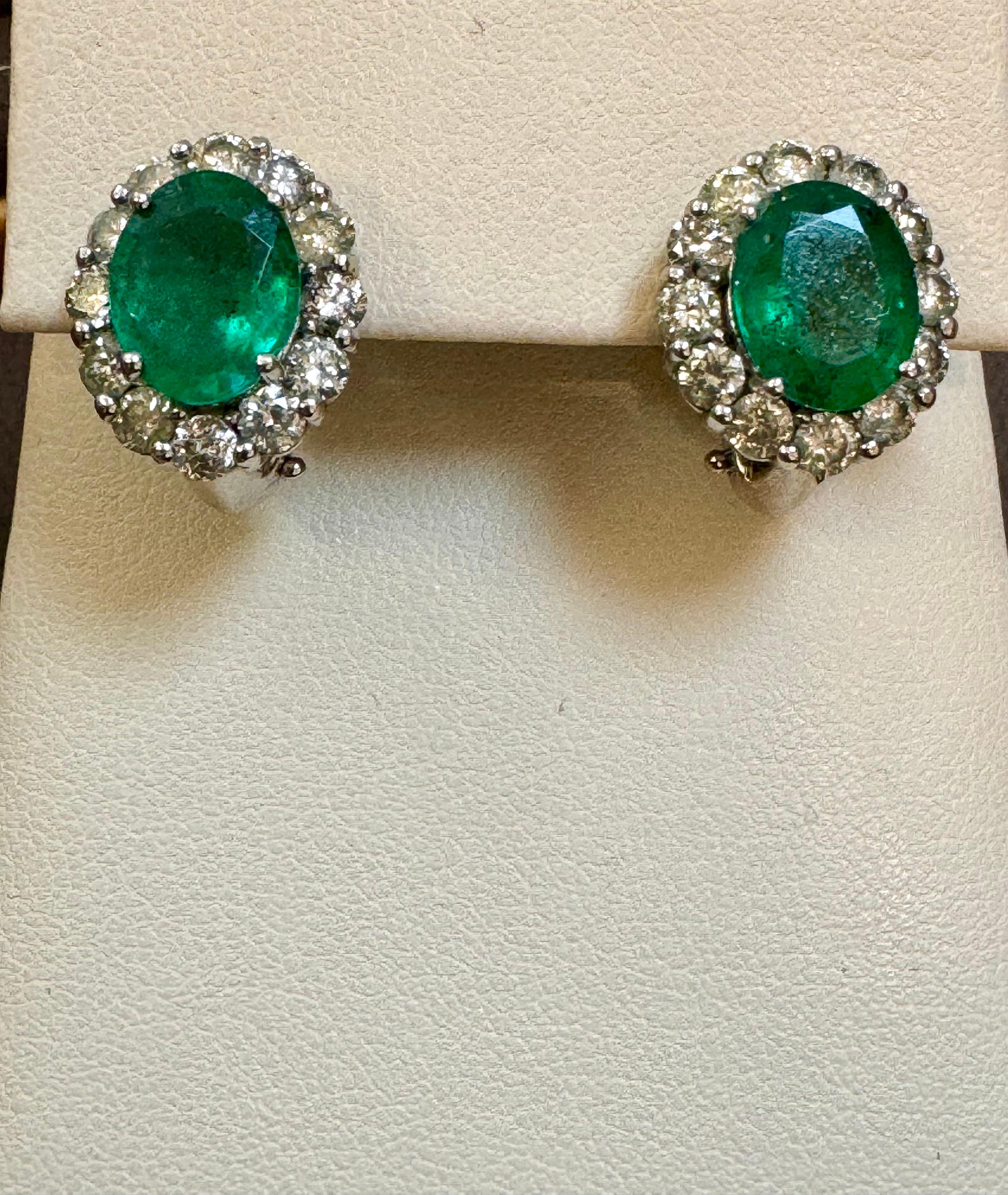 6 Carat Oval Shape Emerald & 2 Ct Diamond Post Back Earrings 14 Karat White Gold For Sale 6